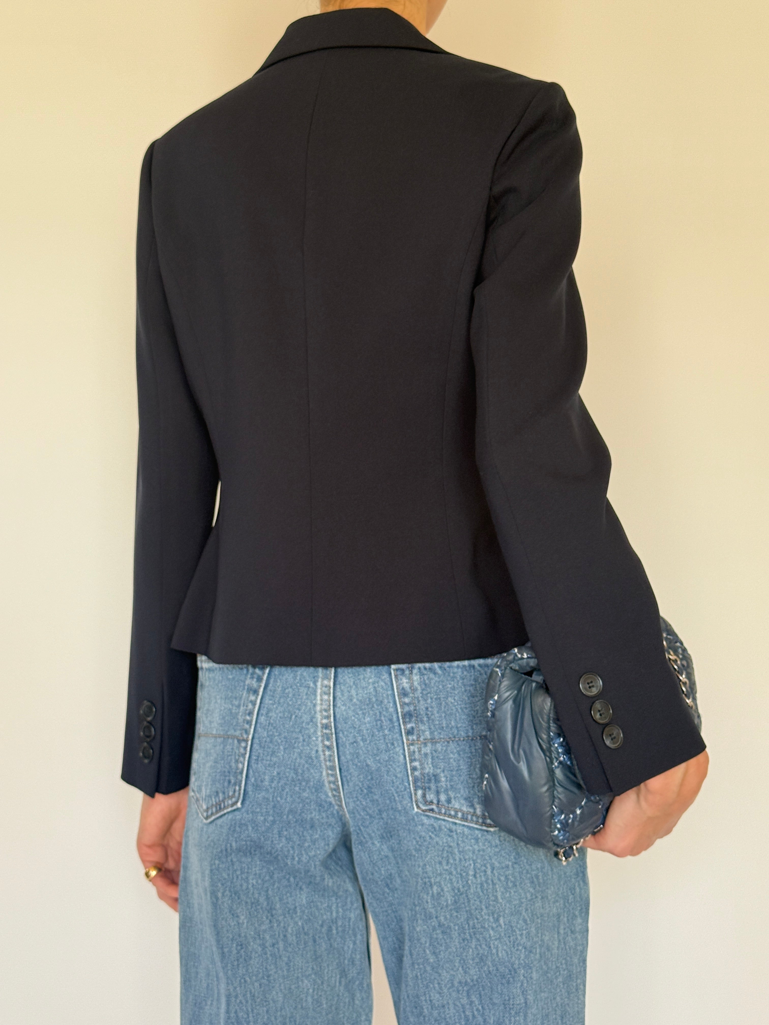 Vintage tailored navy blazer back view