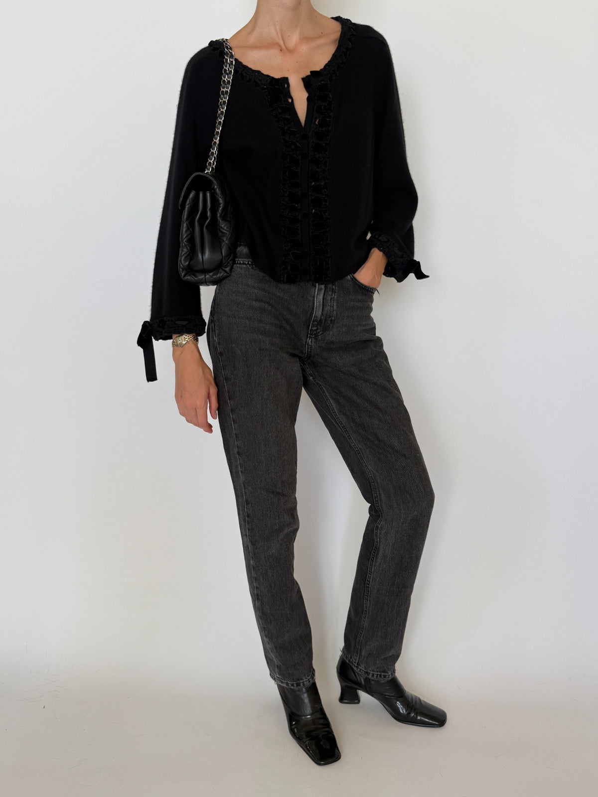 Vintage black cashmere cardigan styled front view