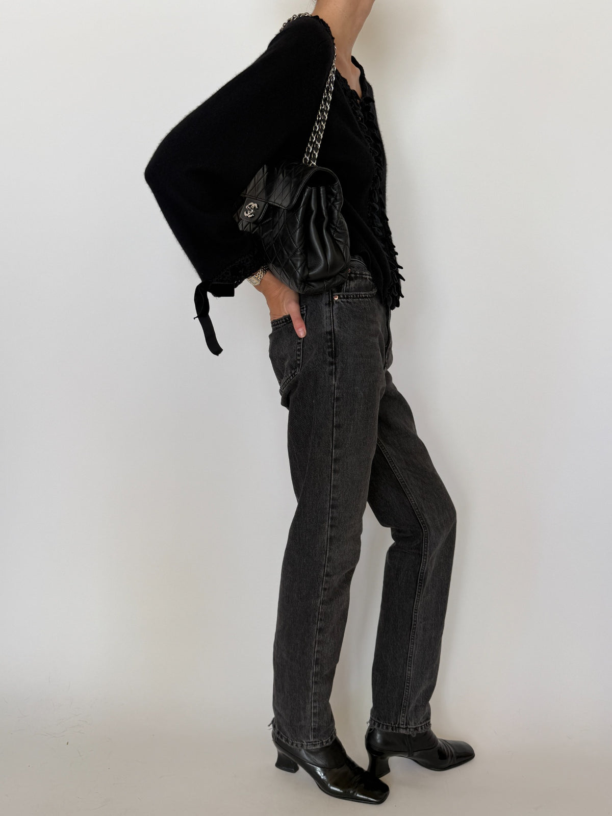 Vintage black cashmere cardigan cuff detail