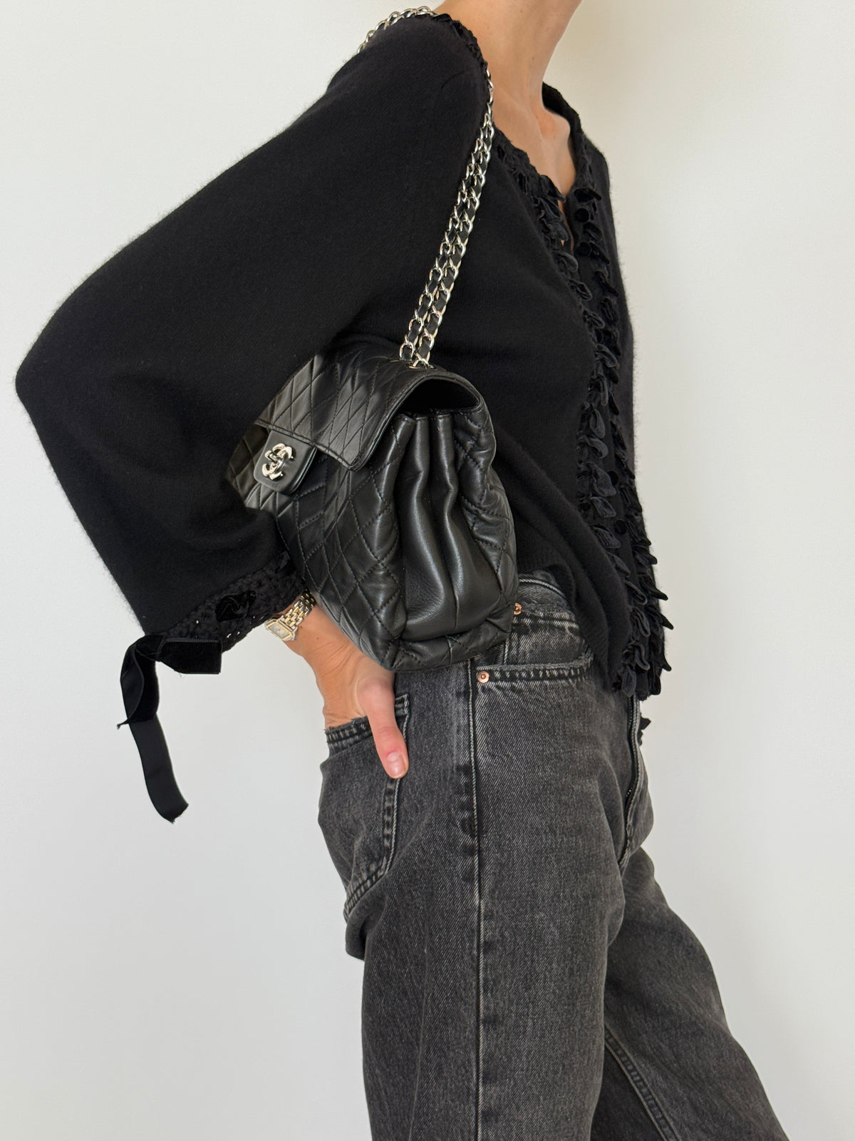 Vintage Velvet Trim 100% Cashmere Cardigan Black 8347