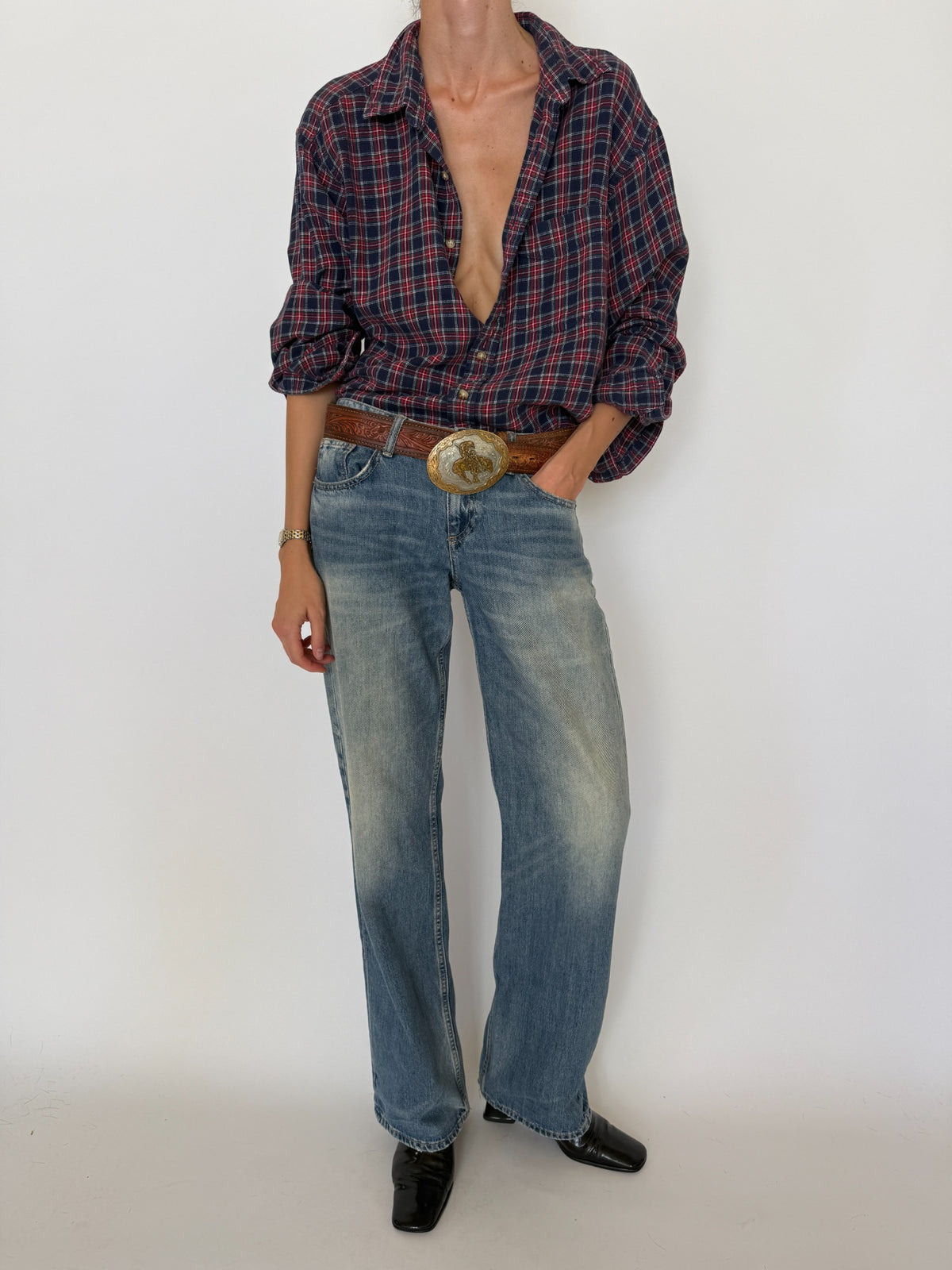 Angled front view oversized plaid flannel