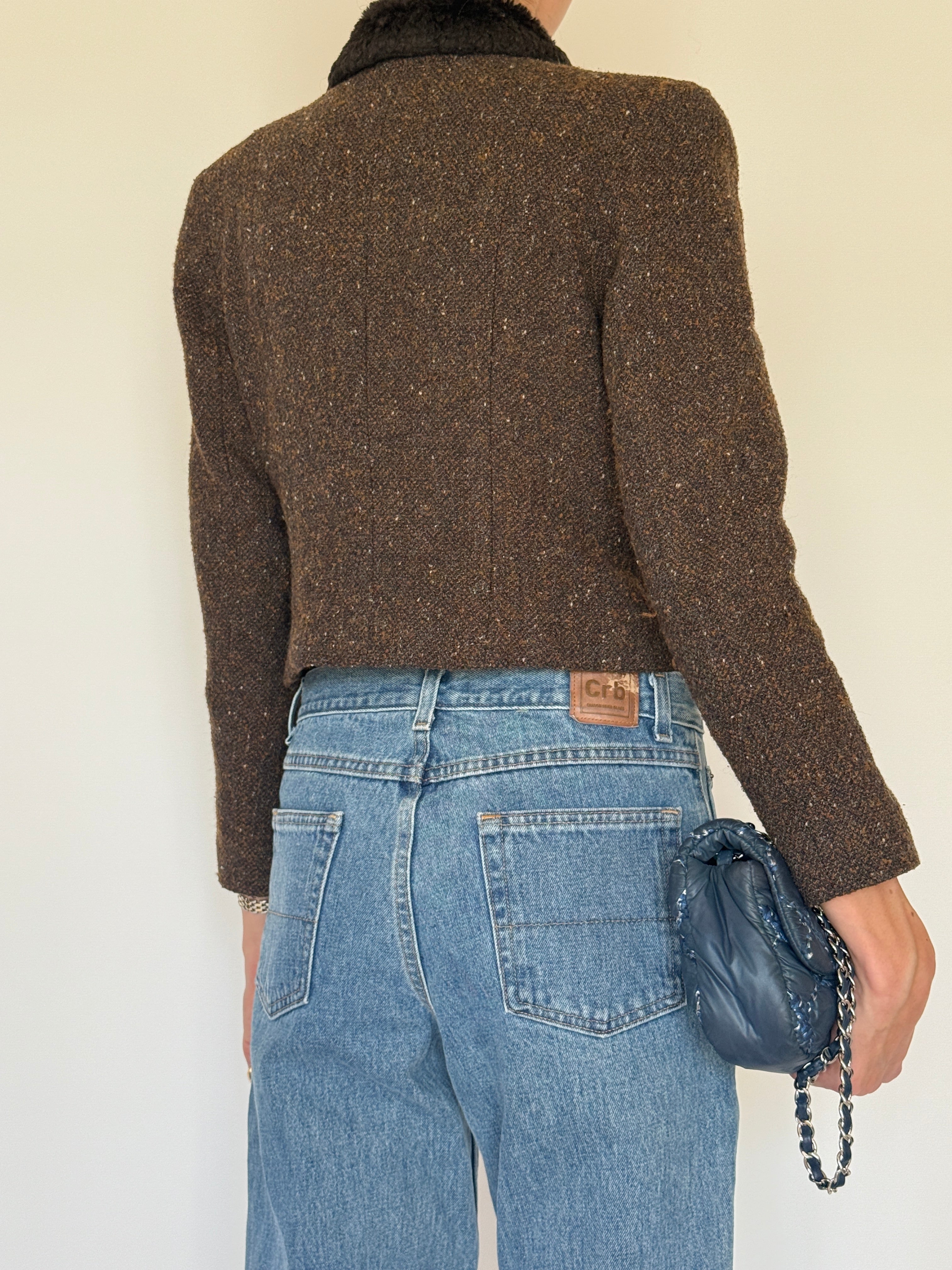 Vintage brown tweed cropped jacket back view structured silhouette
