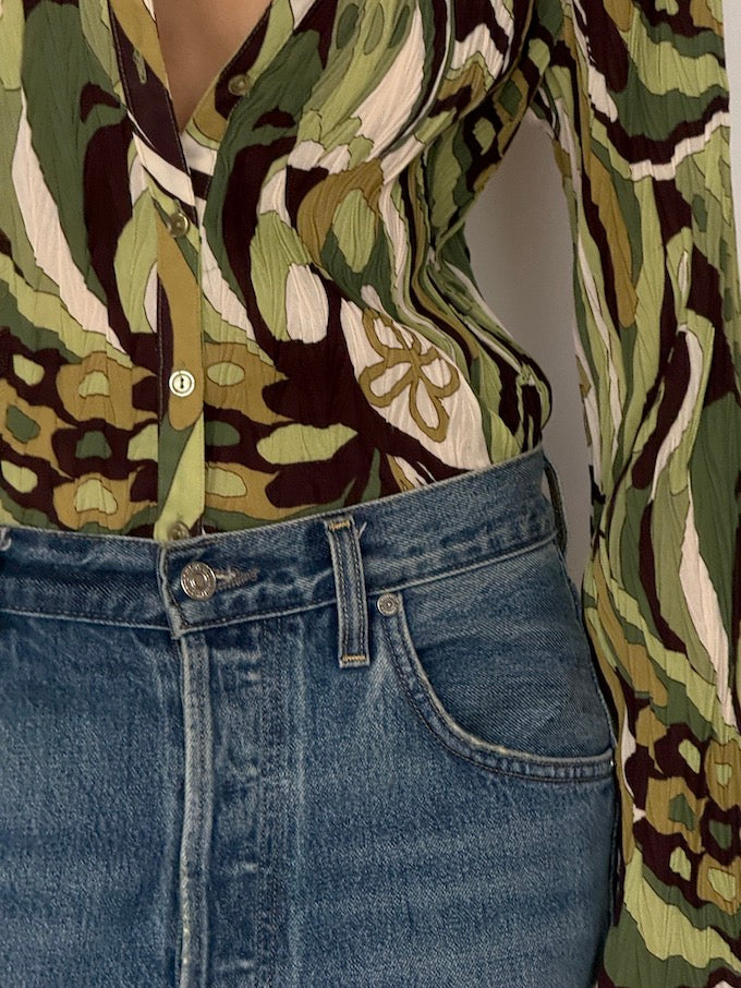 Vintage Abstract Button-Up Blouse Green 6624