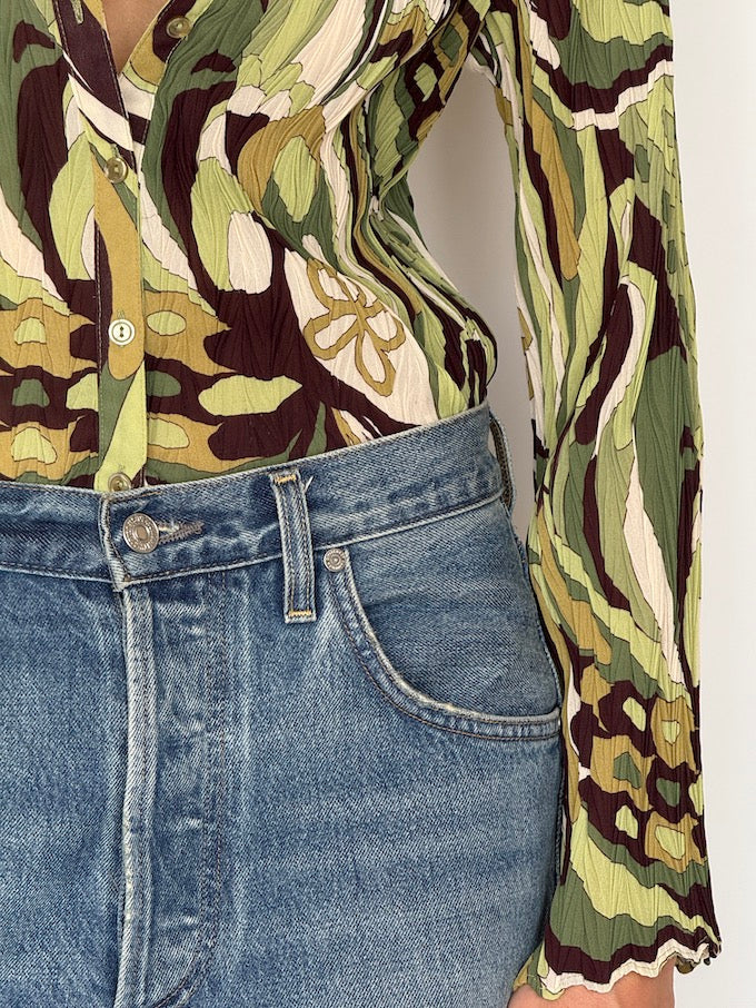 Vintage Abstract Button-Up Blouse Green 6624