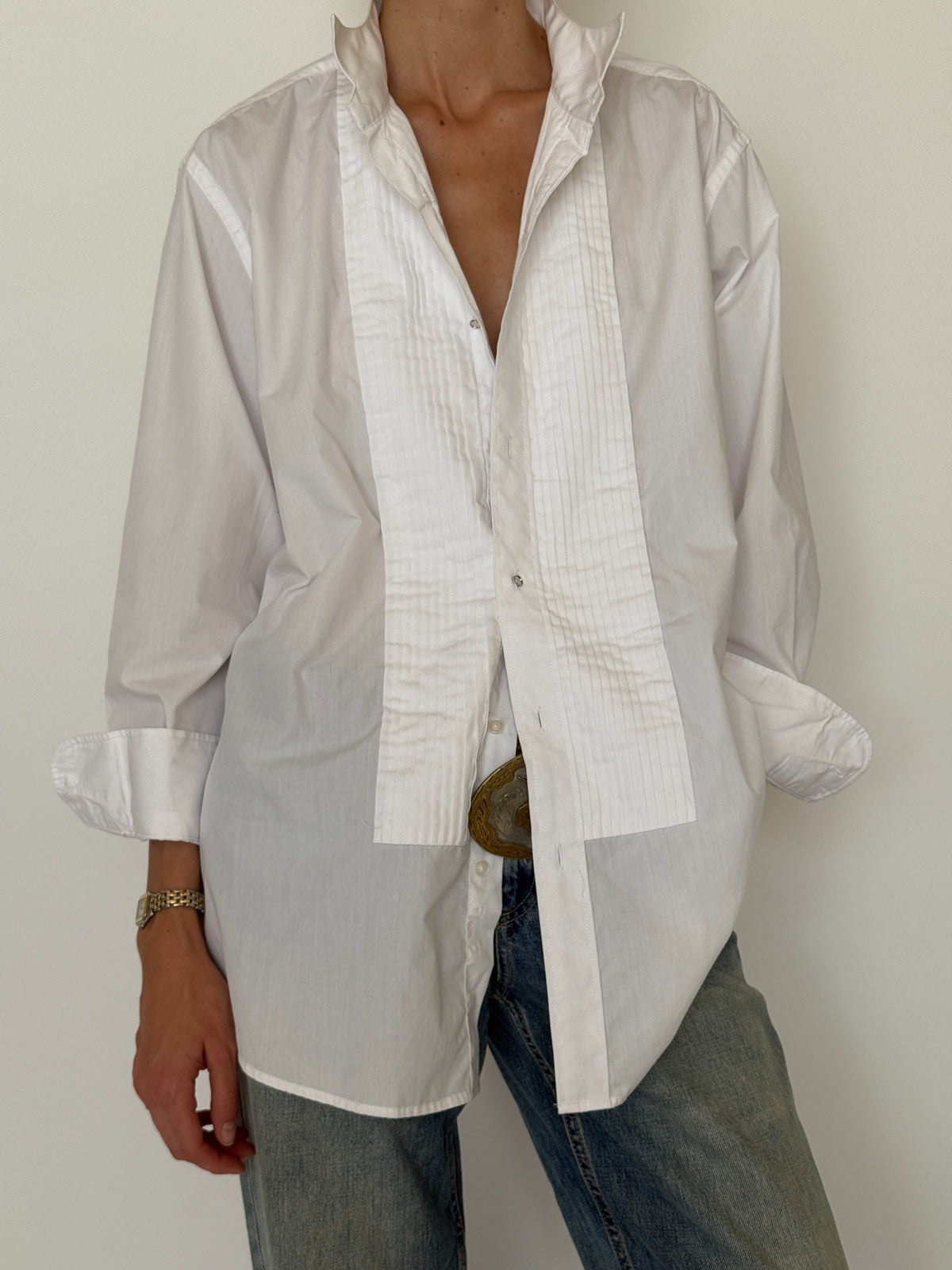 Front styling view of vintage white tuxedo shirt