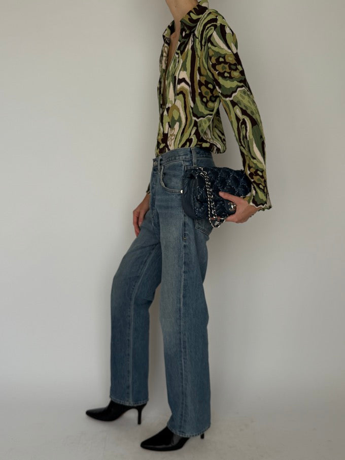 Vintage Abstract Button-Up Blouse Green 6624