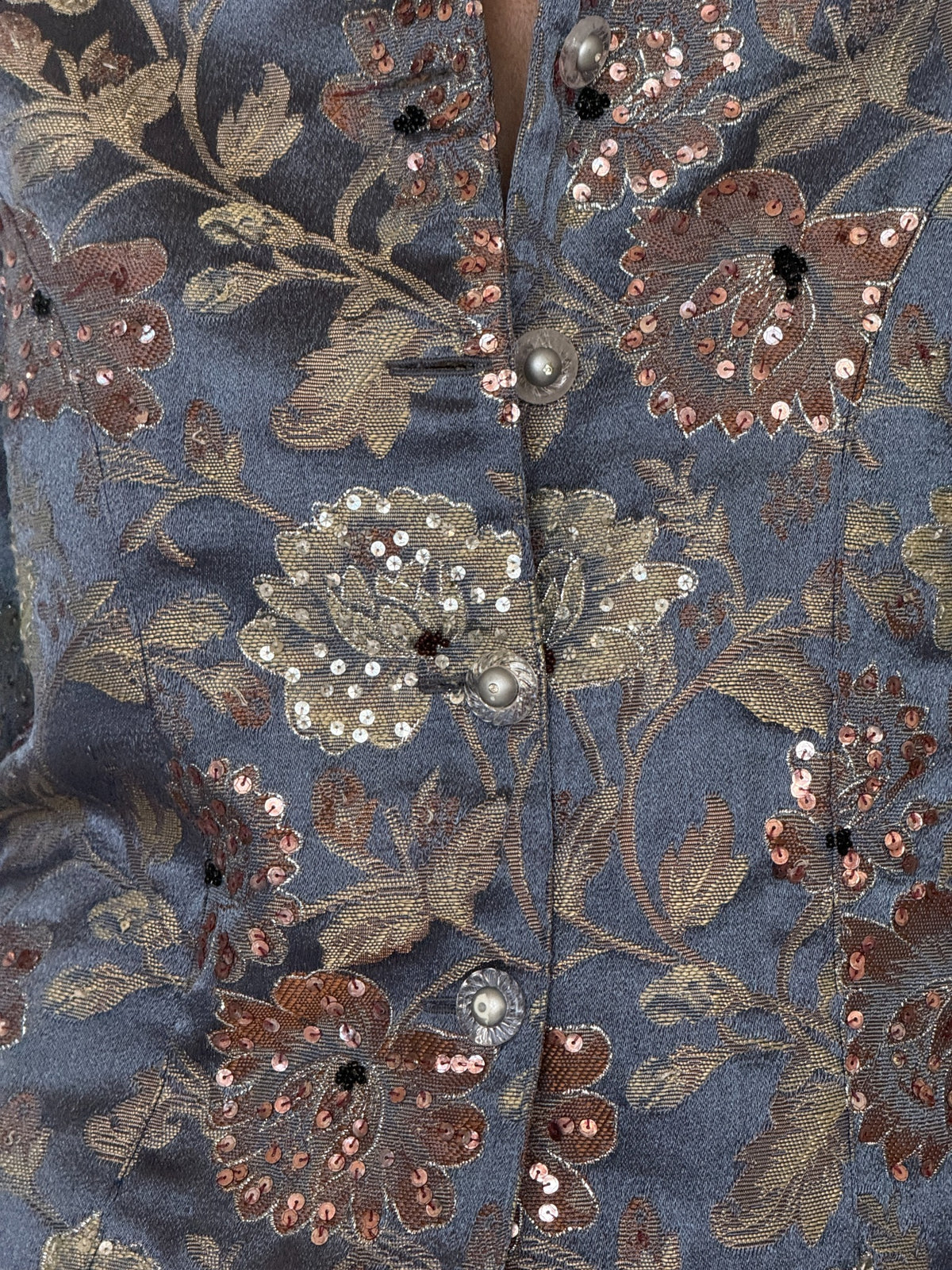 Vintage floral brocade jacket button detail