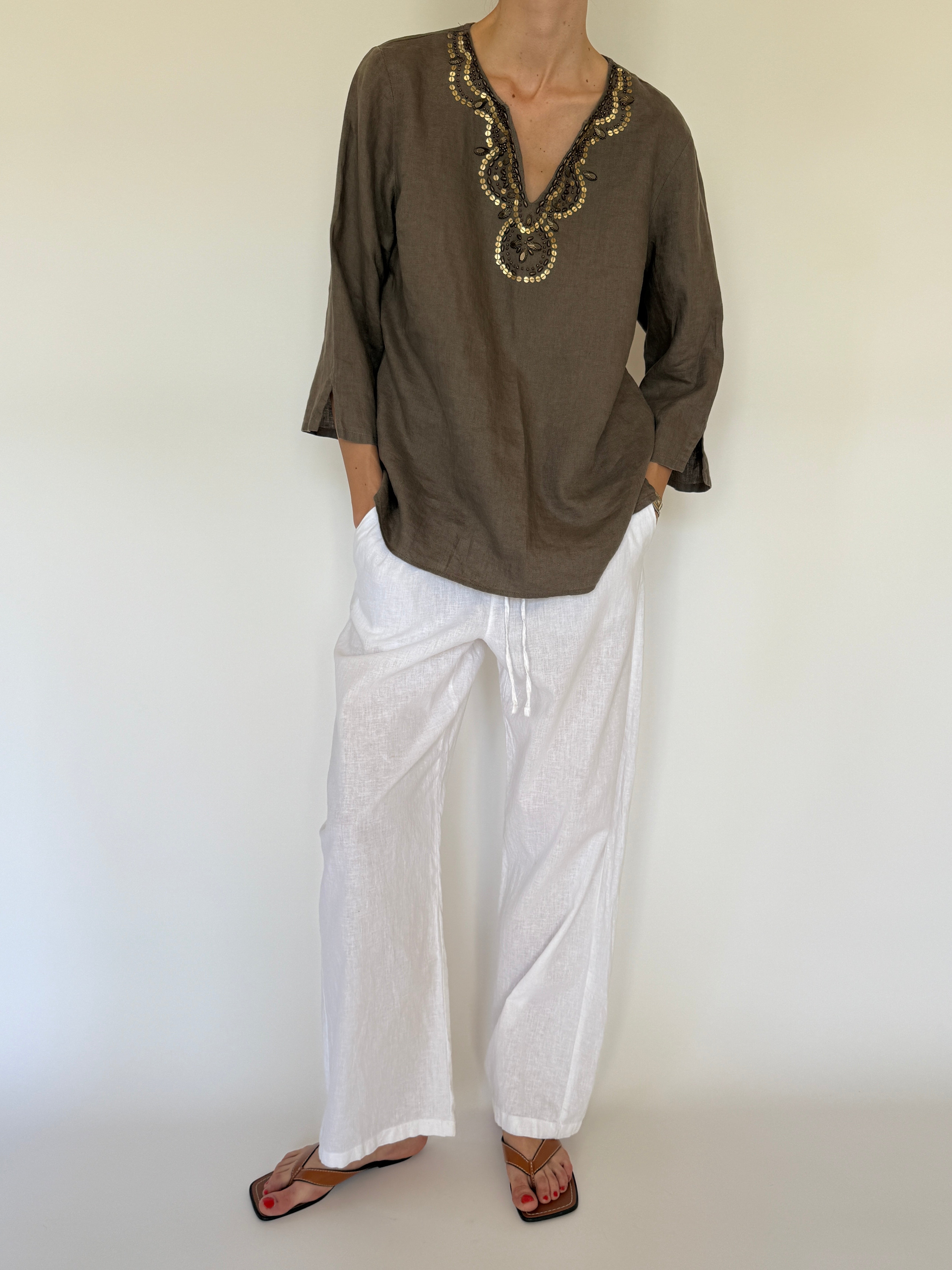Vintage brown embellished tunic top front view