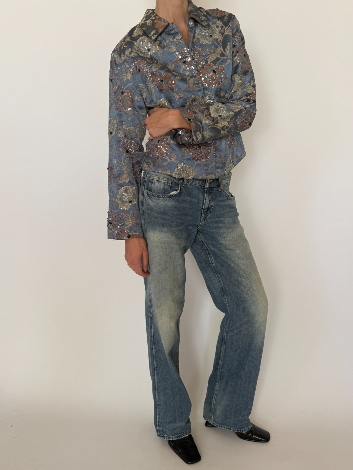 Vintage floral brocade jacket full front view