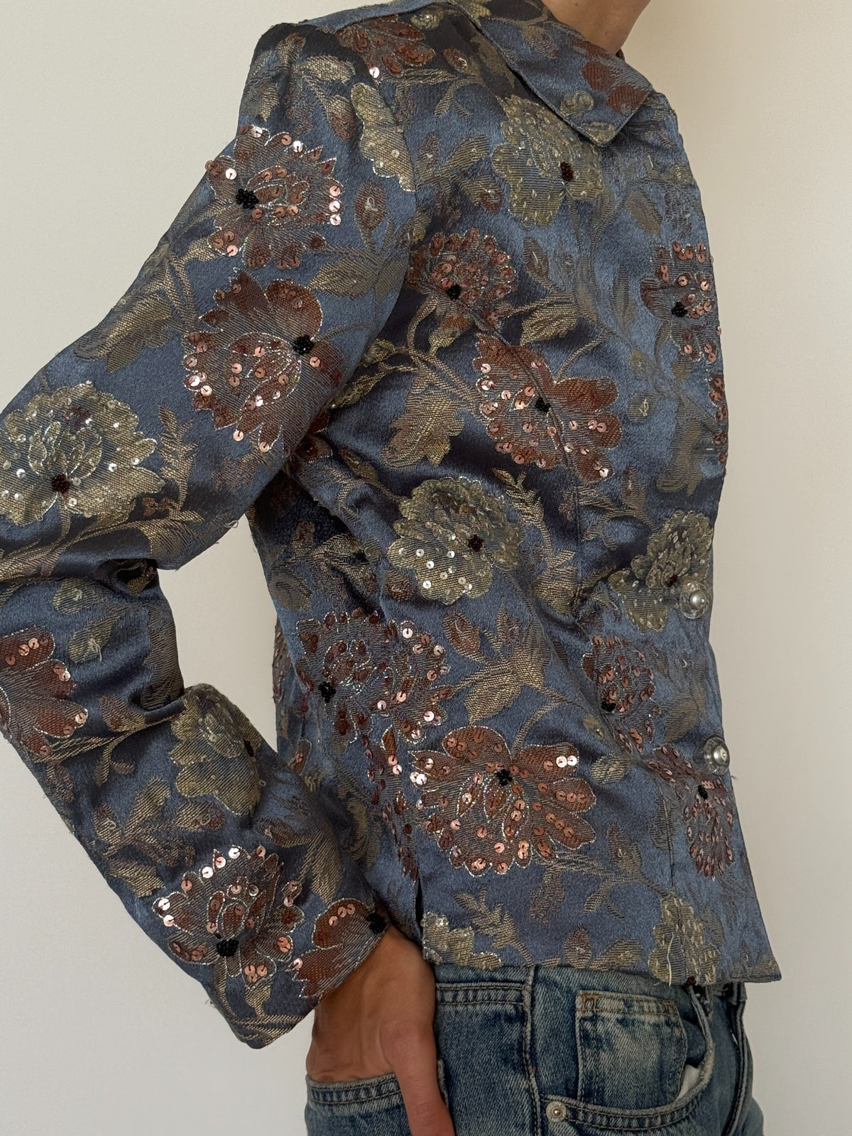 Vintage floral brocade jacket side view