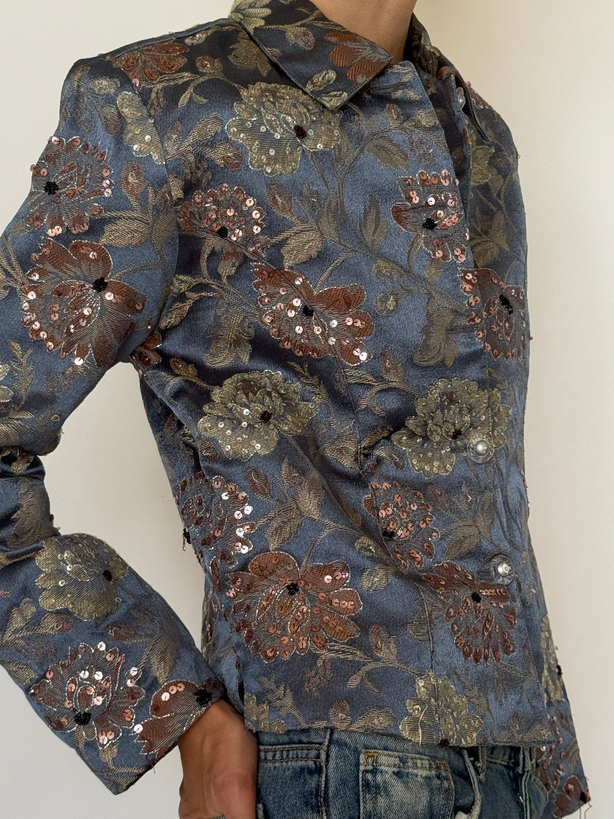 Vintage Embellished Floral Brocade Jacket Blue 8349