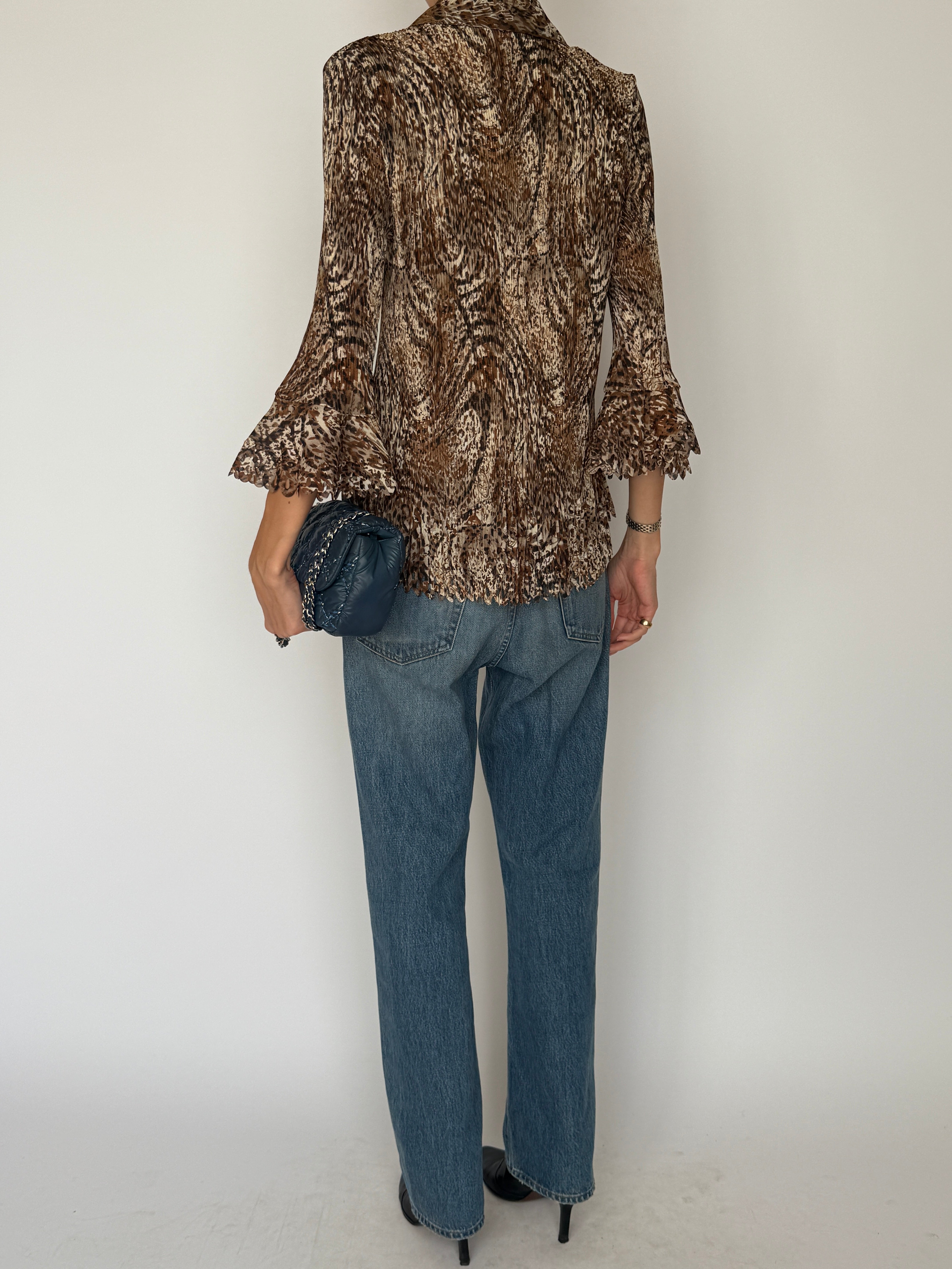 Vintage Pleated Sheer Blouse Brown