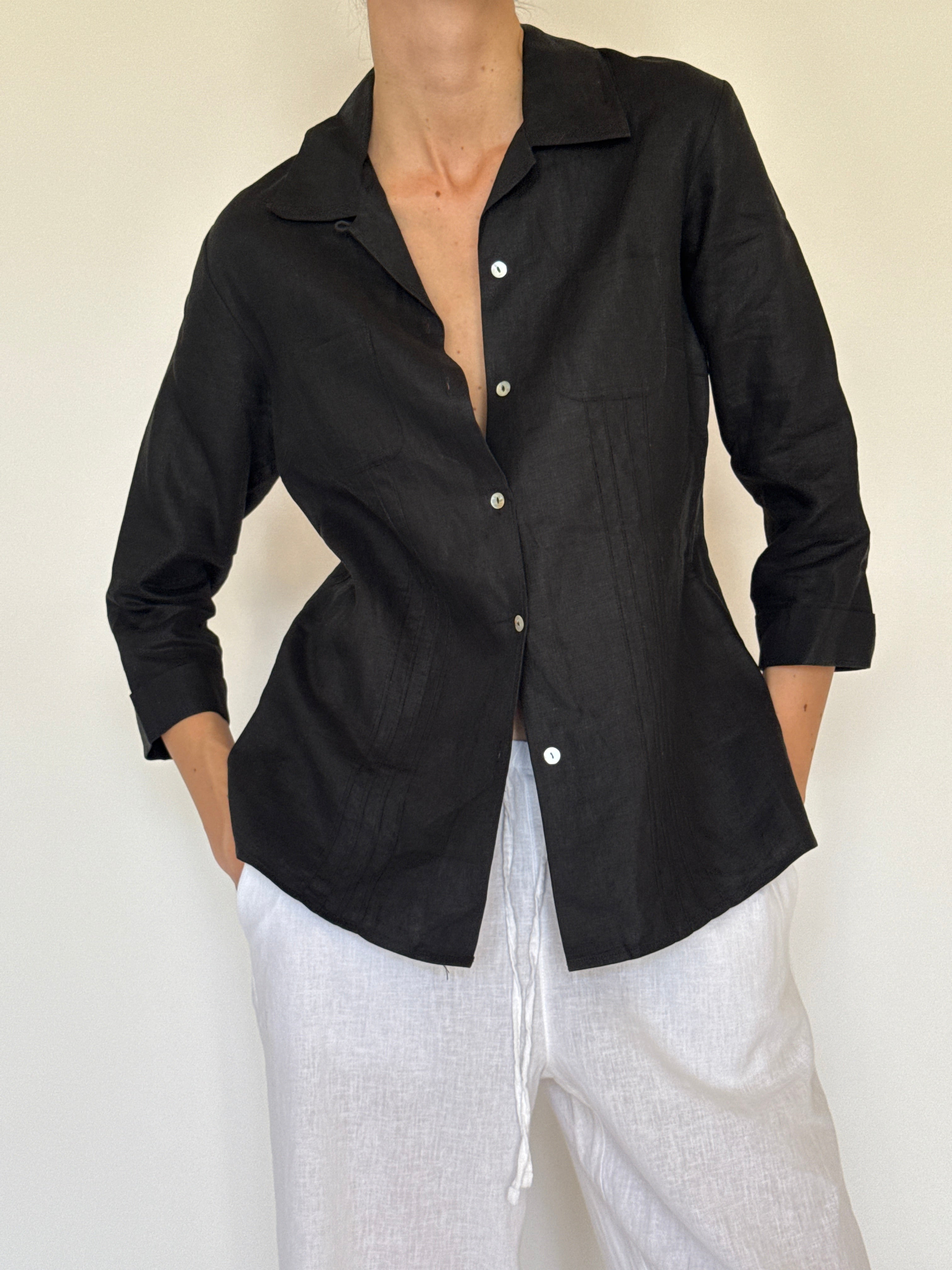 Vintage black linen shirt white shell button detail