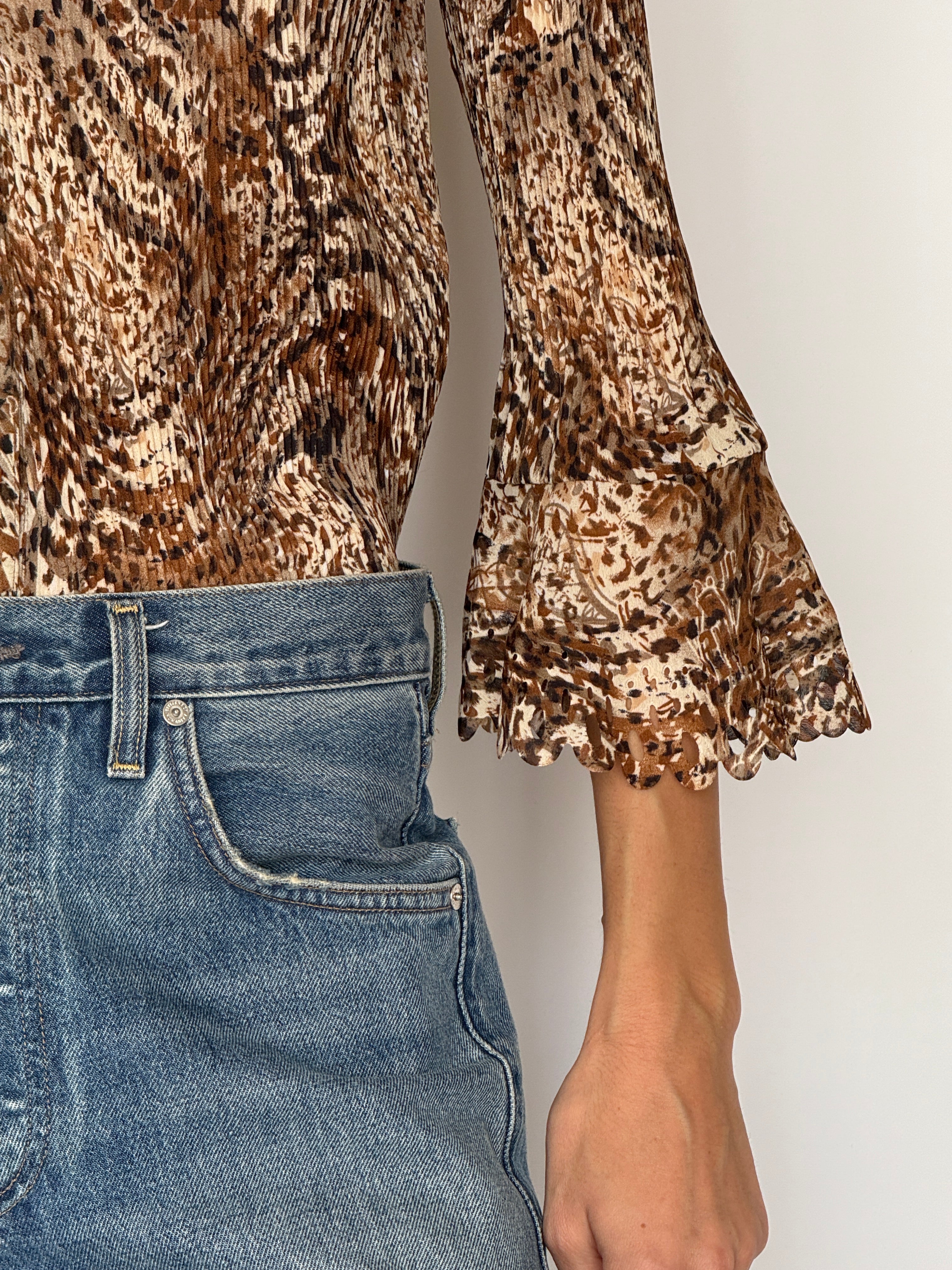 Vintage Pleated Sheer Blouse Brown