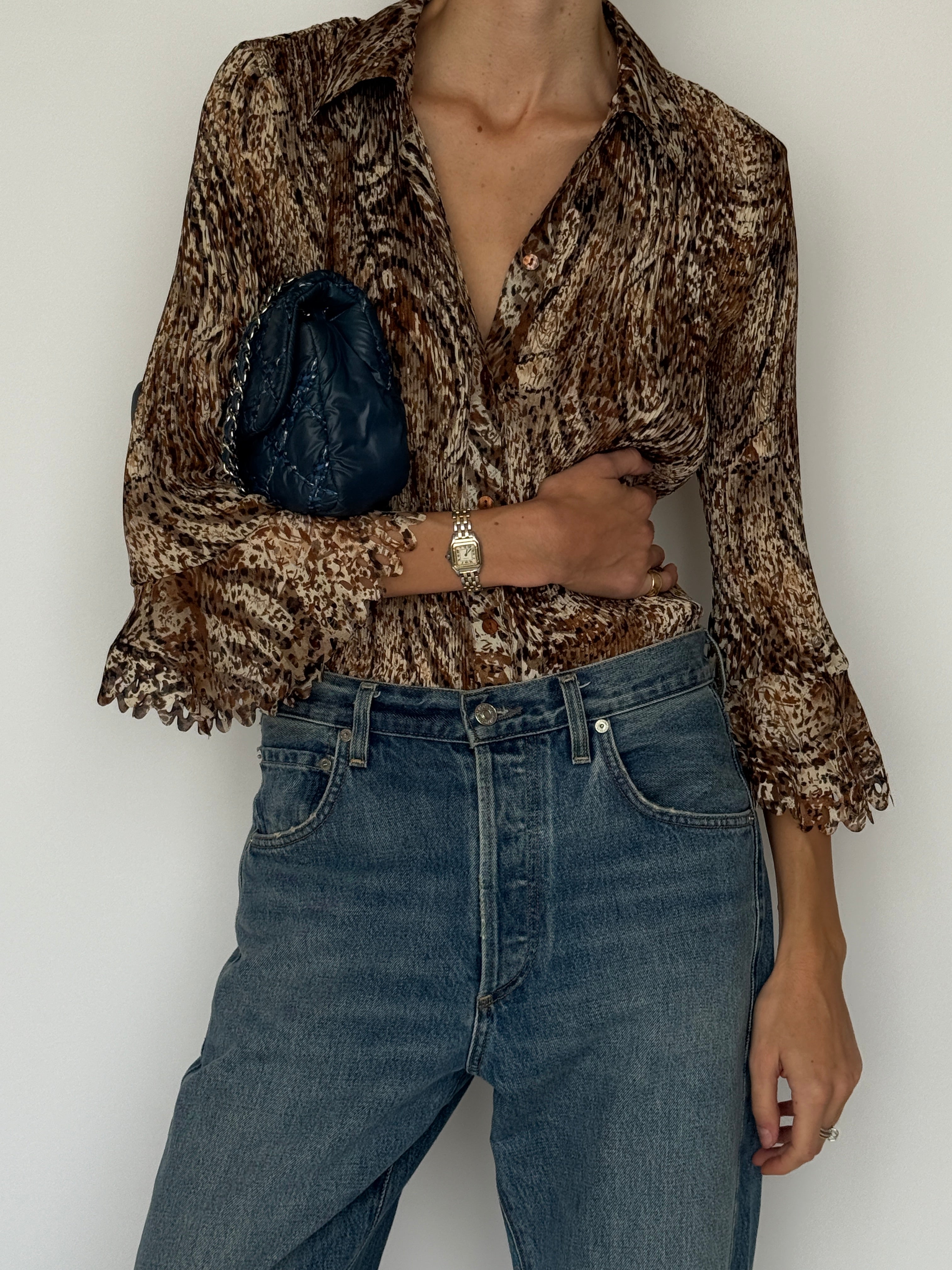 Vintage Pleated Sheer Blouse Brown