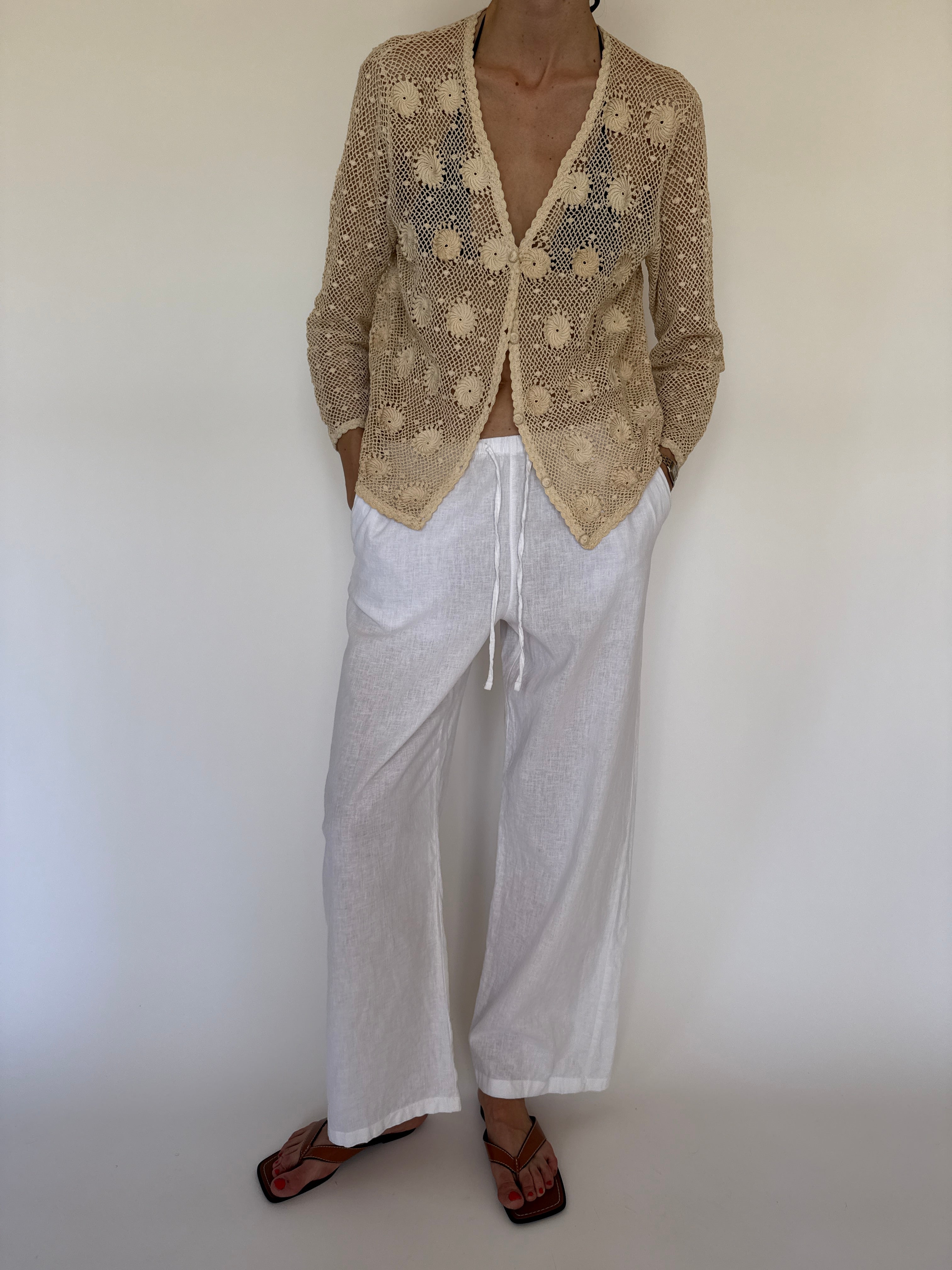 Vintage cream crochet open knit jacket front view