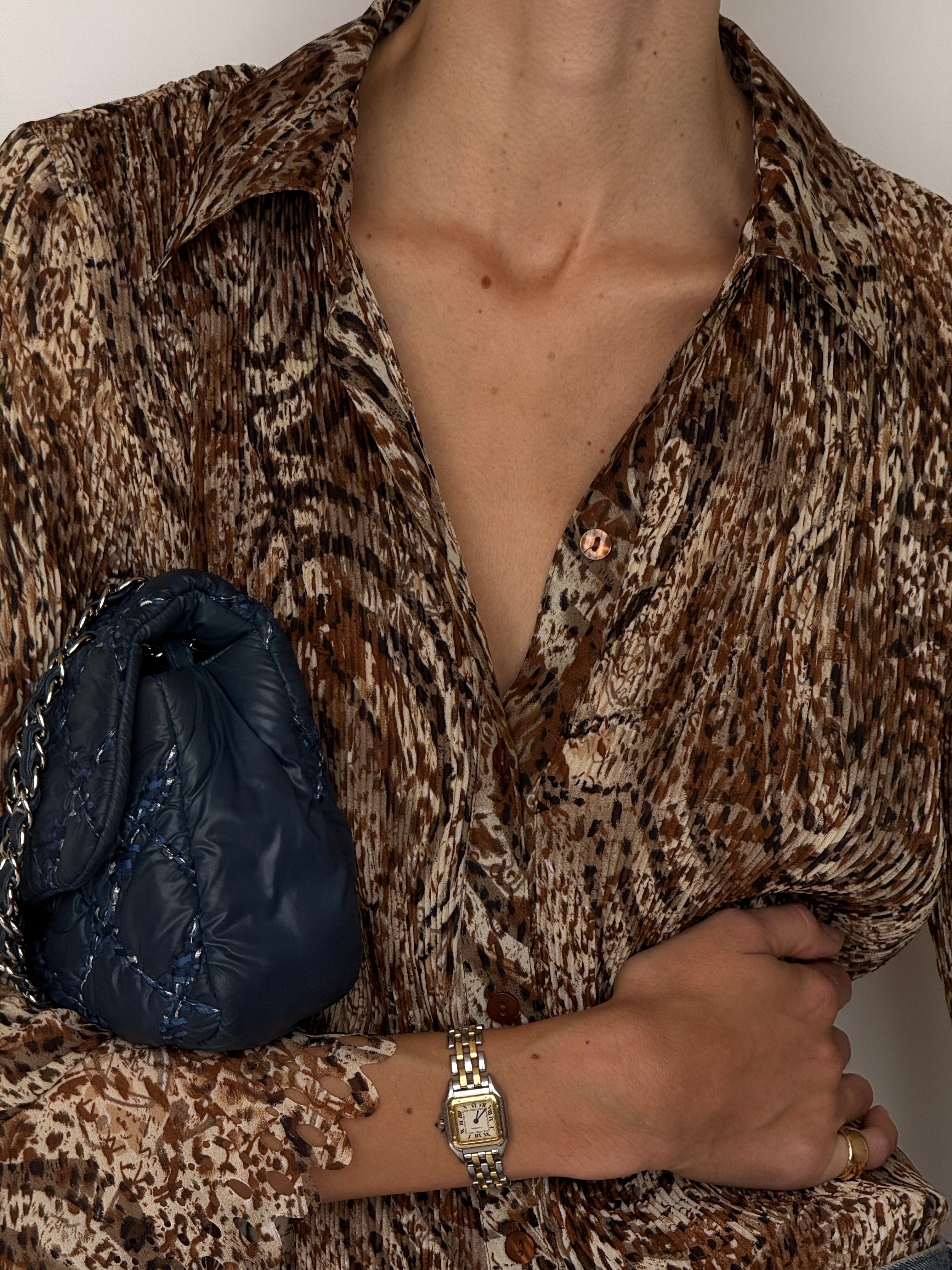 Vintage Pleated Sheer Blouse Brown