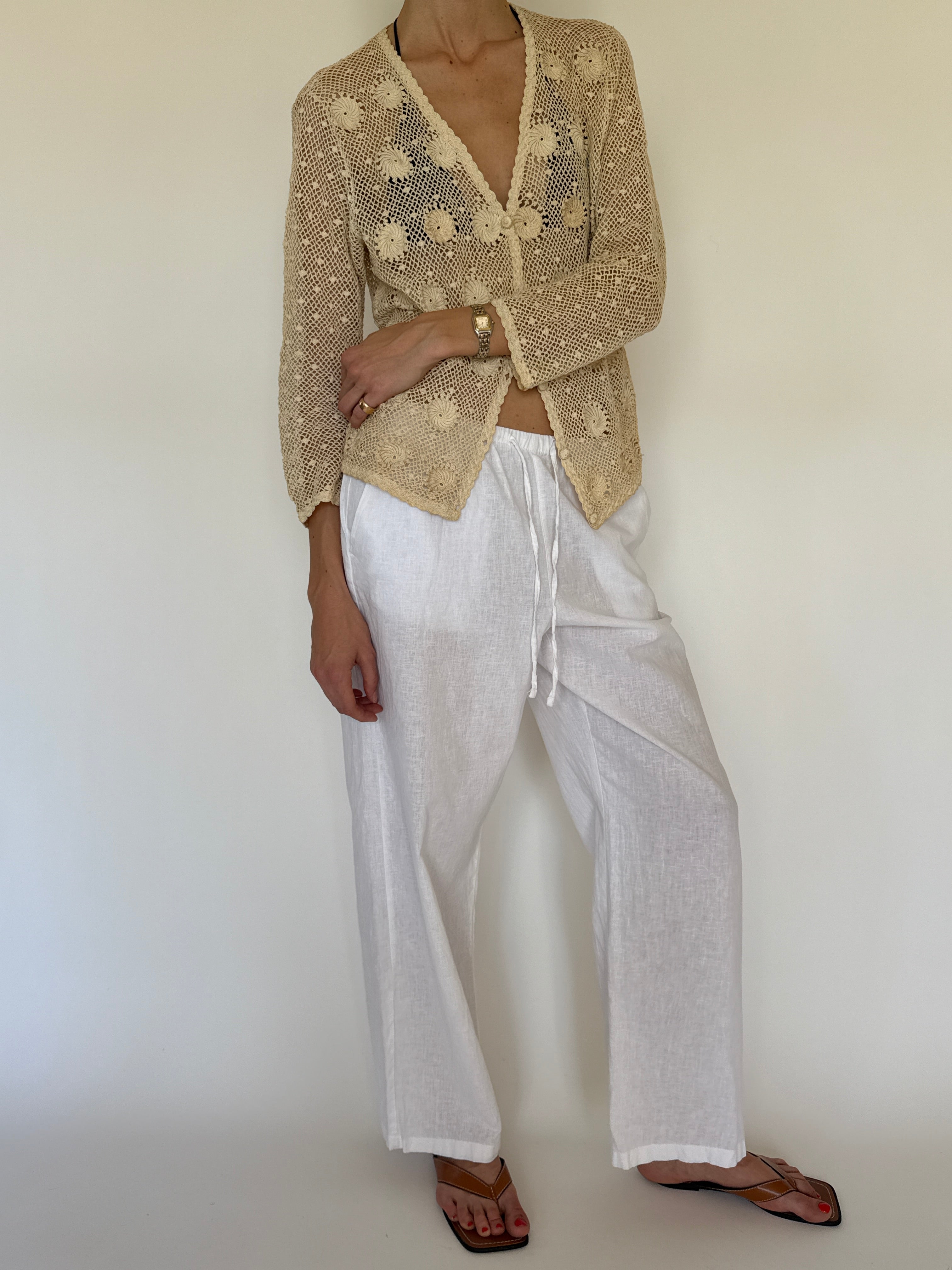 Vintage cream crochet open knit jacket front view