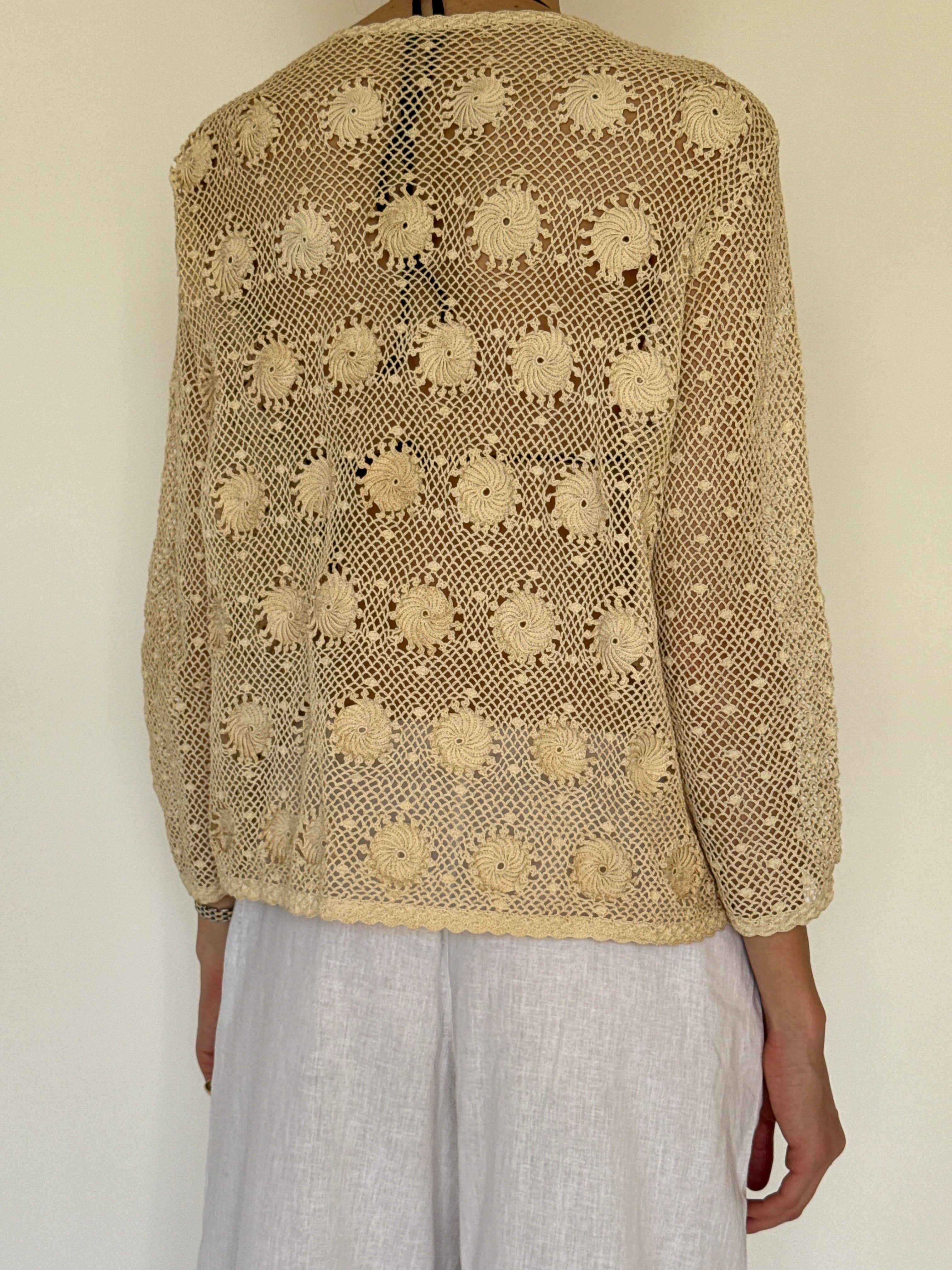 Vintage cream crochet open knit jacket back view