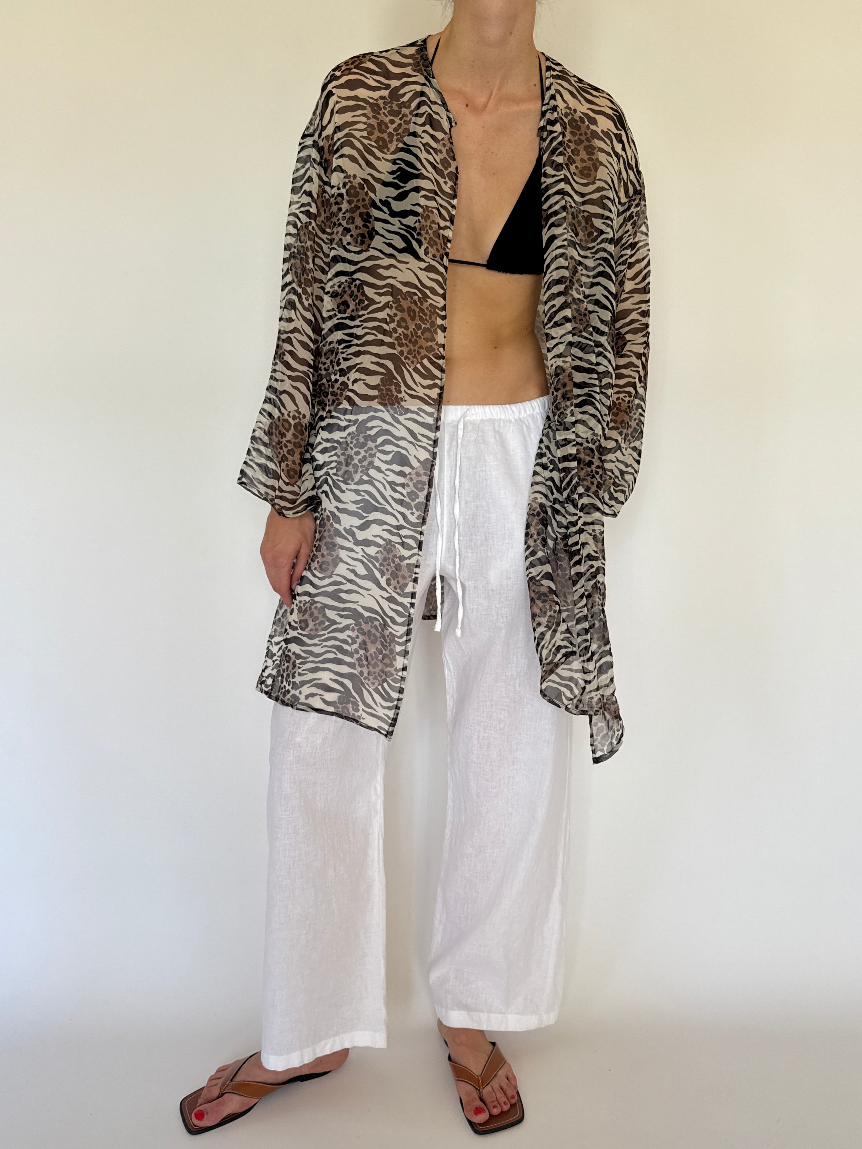 Vintage sheer brown mixed animal print kimono front view