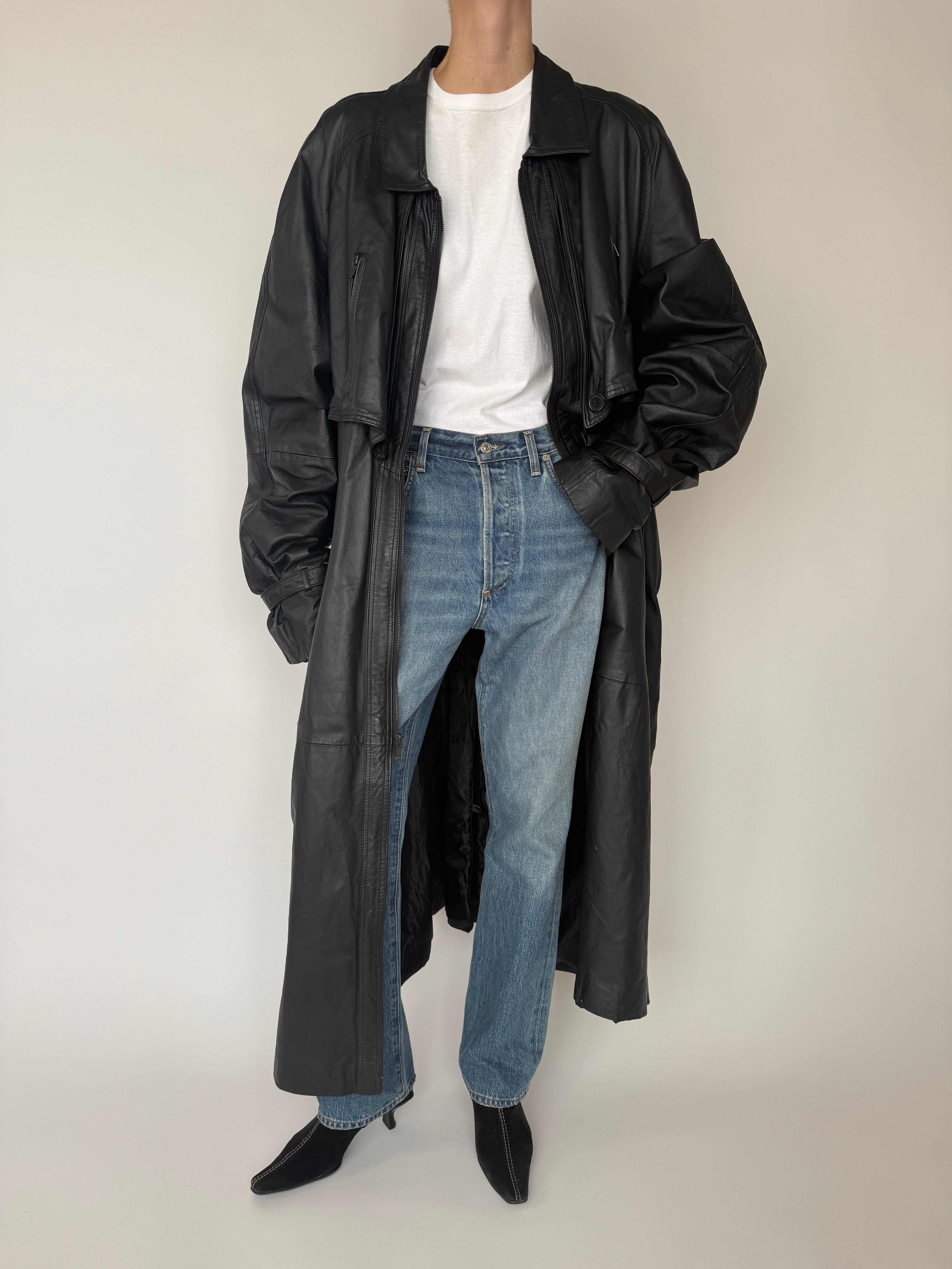 Vintage black leather coat front profile