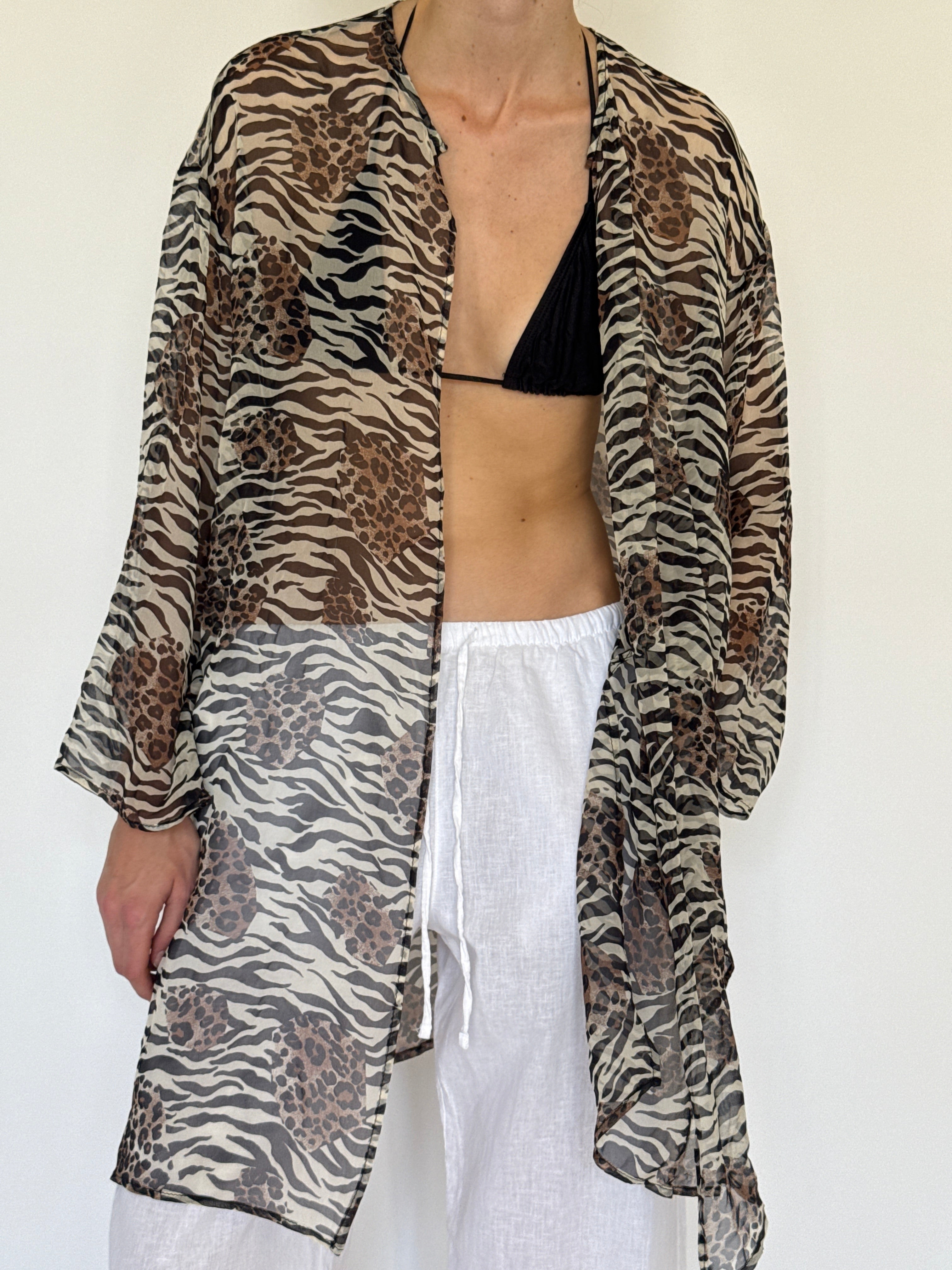 Vintage sheer brown mixed animal print kimono front view