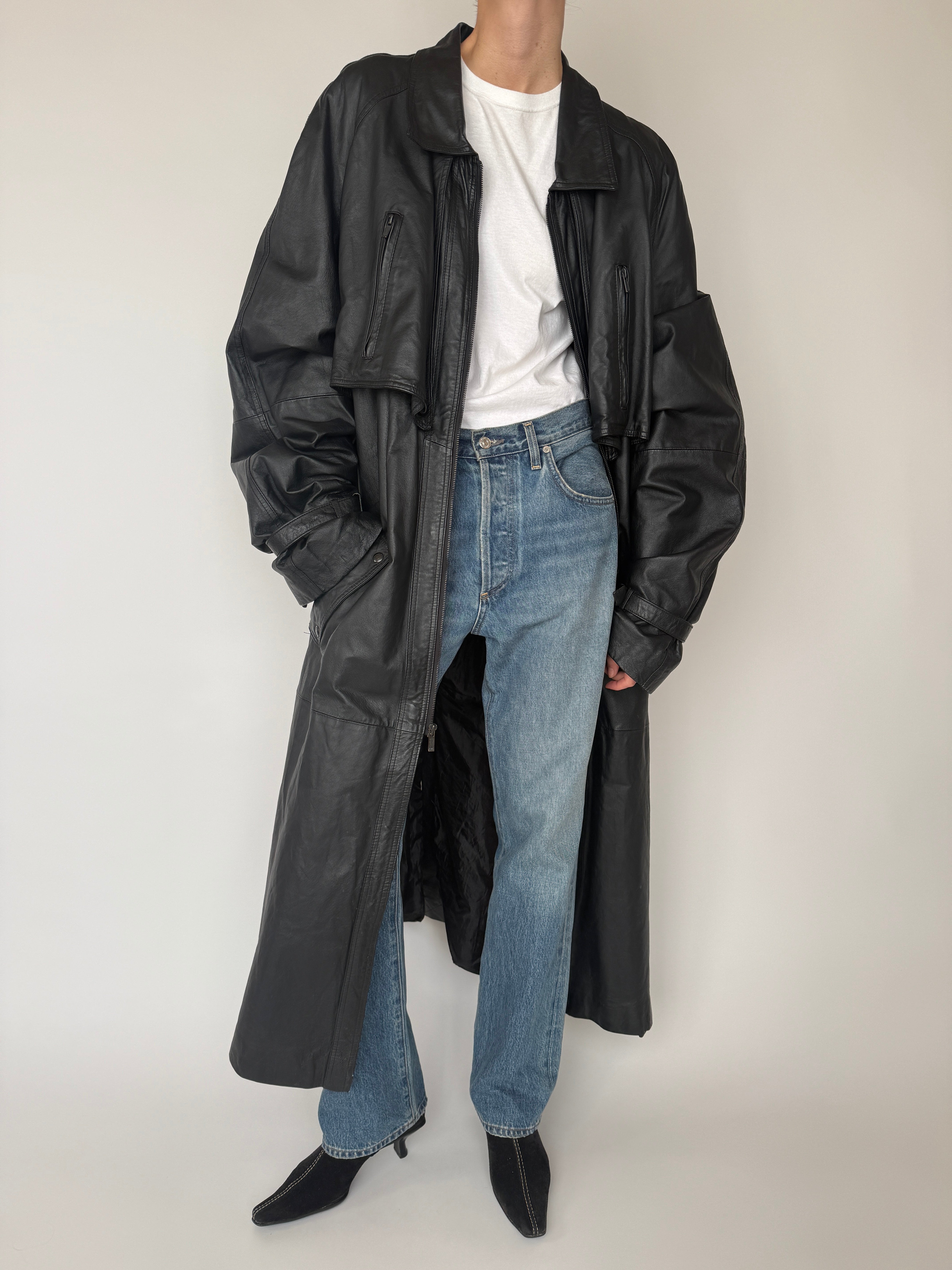 Vintage black leather long coat oversized fit