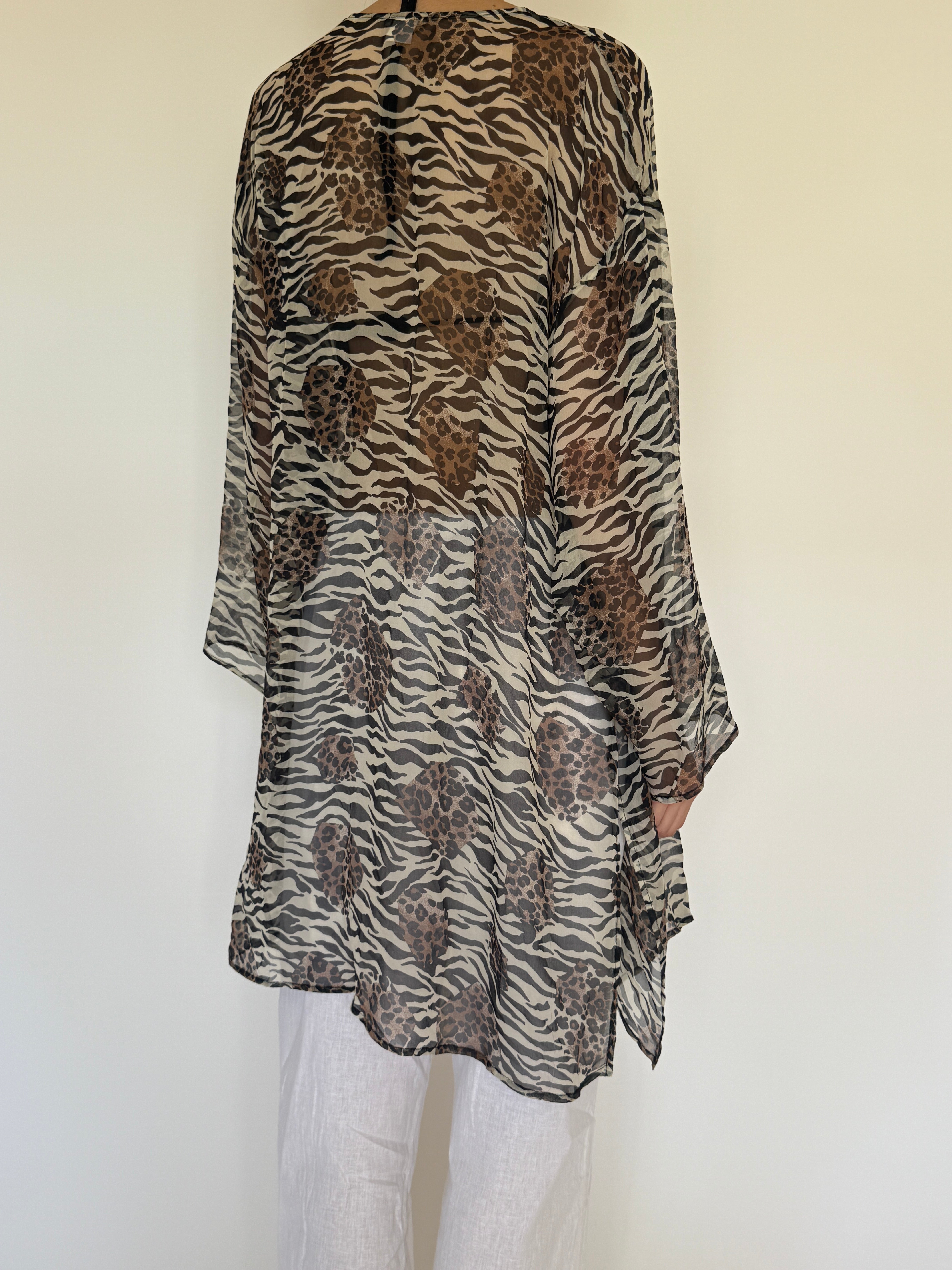 Vintage sheer brown mixed animal print kimono back view