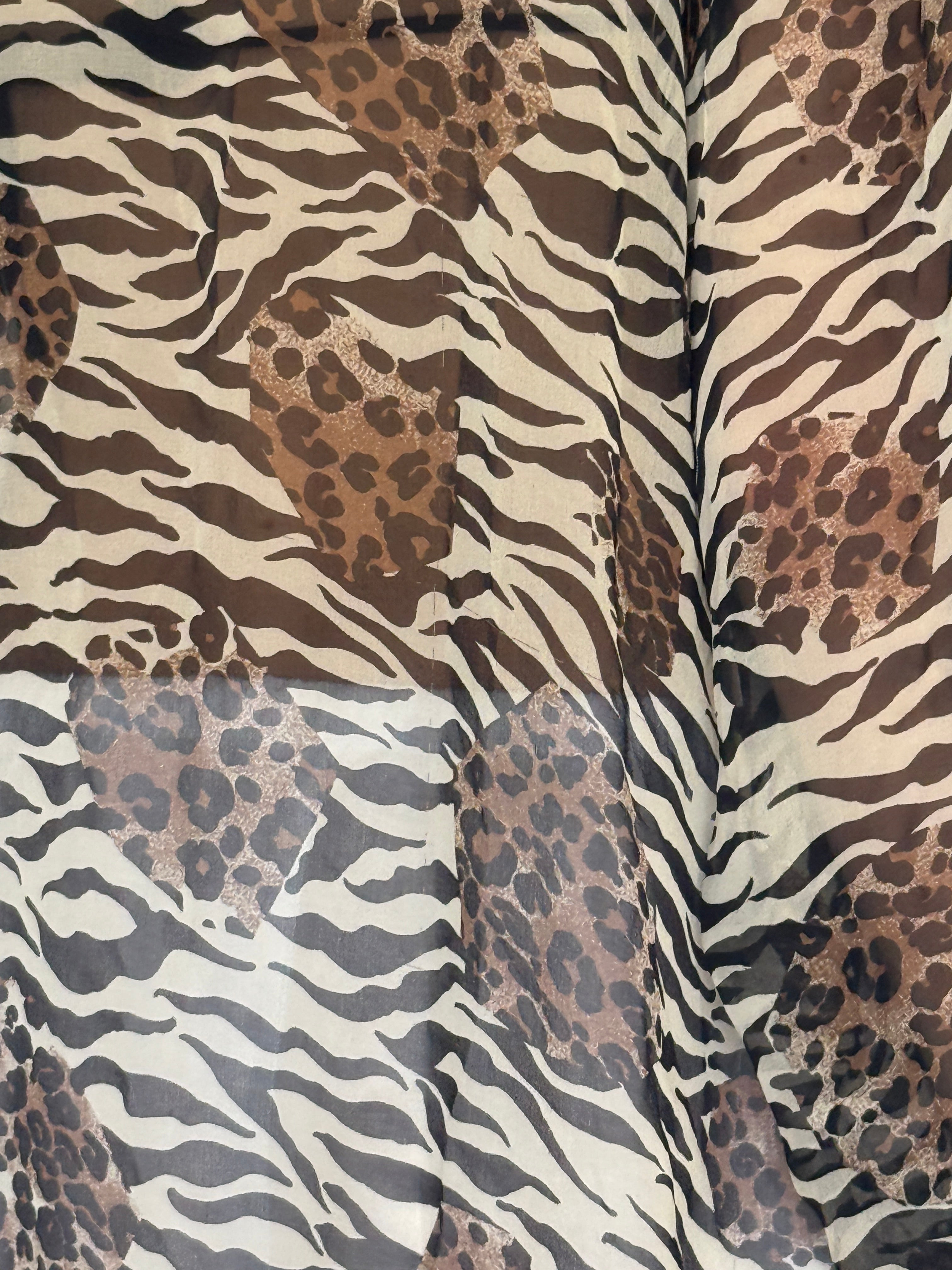 Vintage sheer brown mixed animal print kimono fabric detail