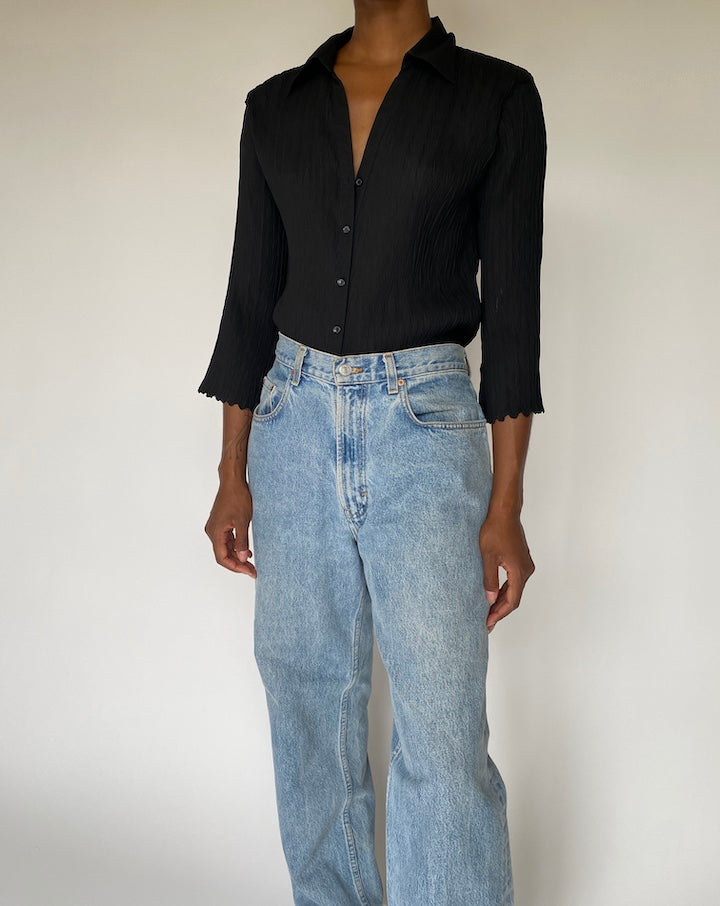 VINTAGE PLEATED BLACK BLOUSE 3806