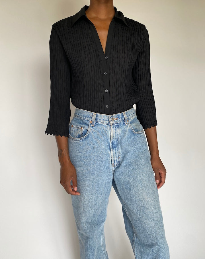 VINTAGE PLEATED BLACK BLOUSE 3806