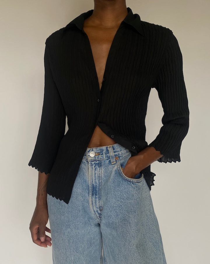 VINTAGE PLEATED BLACK BLOUSE 3806