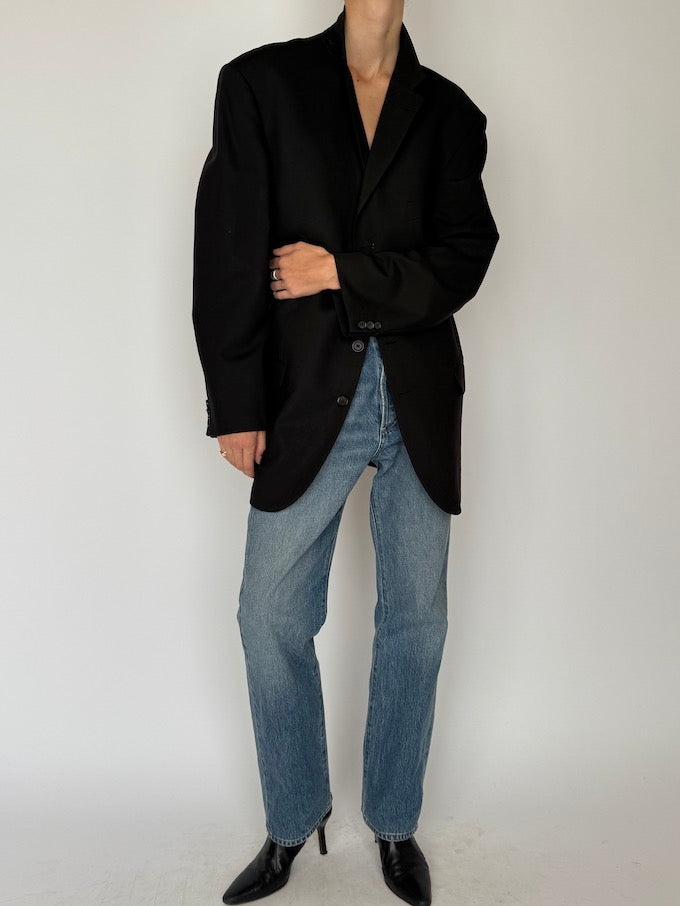 Vintage Oversized Faded Pinstripe Wool Blazer Black 5944