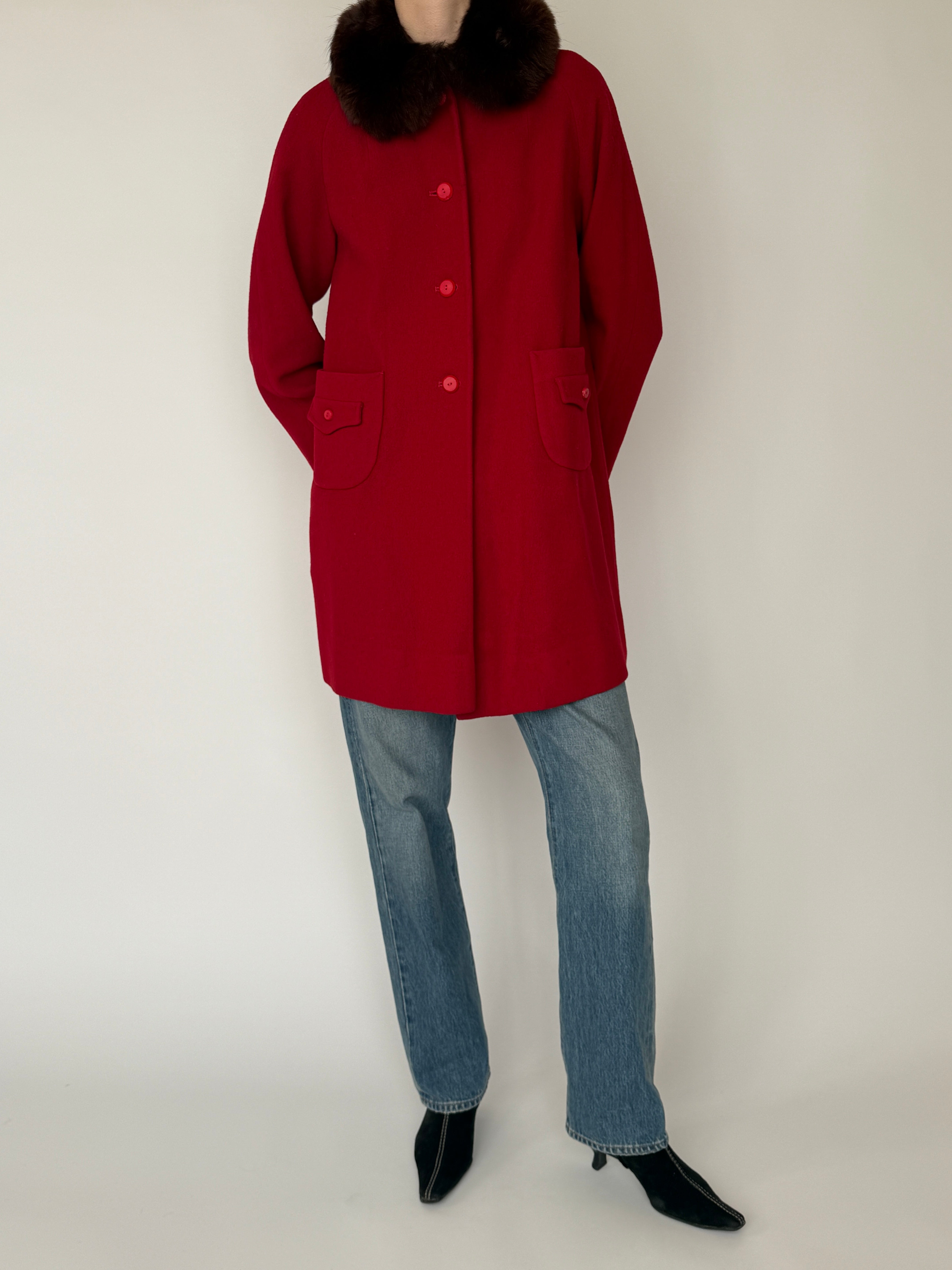 Vintage red wool coat with straight silhouette and fur trim