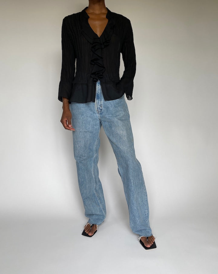 VINTAGE BLACK PLEATED RUFFLED BLOUSE 3808