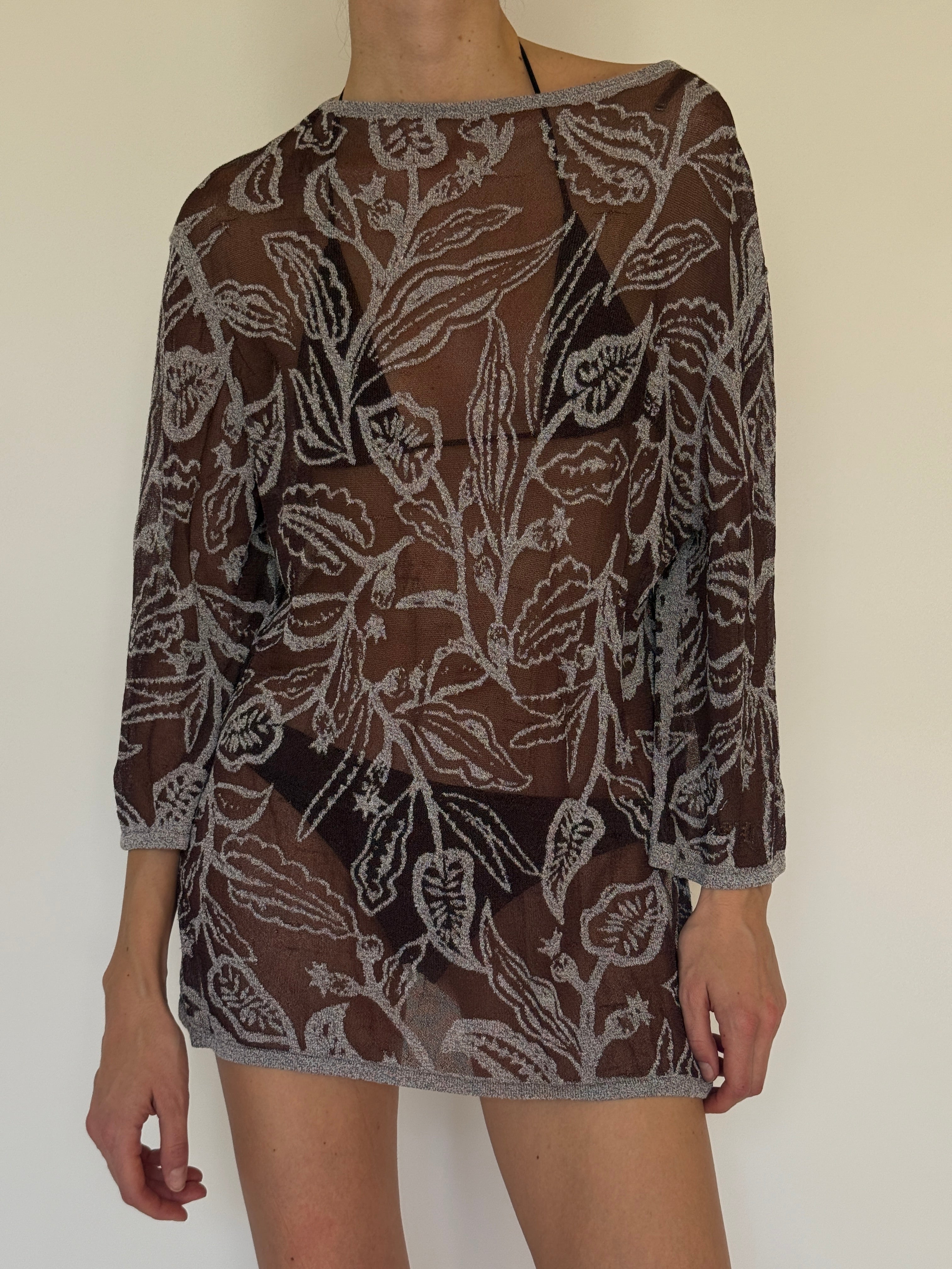 Vintage sheer floral brown swim cover-up front view