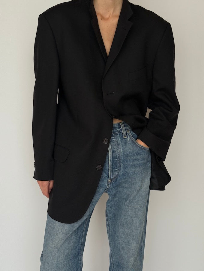 Vintage Oversized Faded Pinstripe Wool Blazer Black 5944