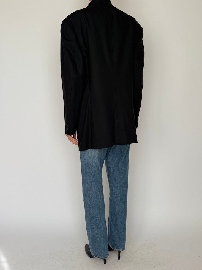 Vintage Oversized Faded Pinstripe Wool Blazer Black 5944