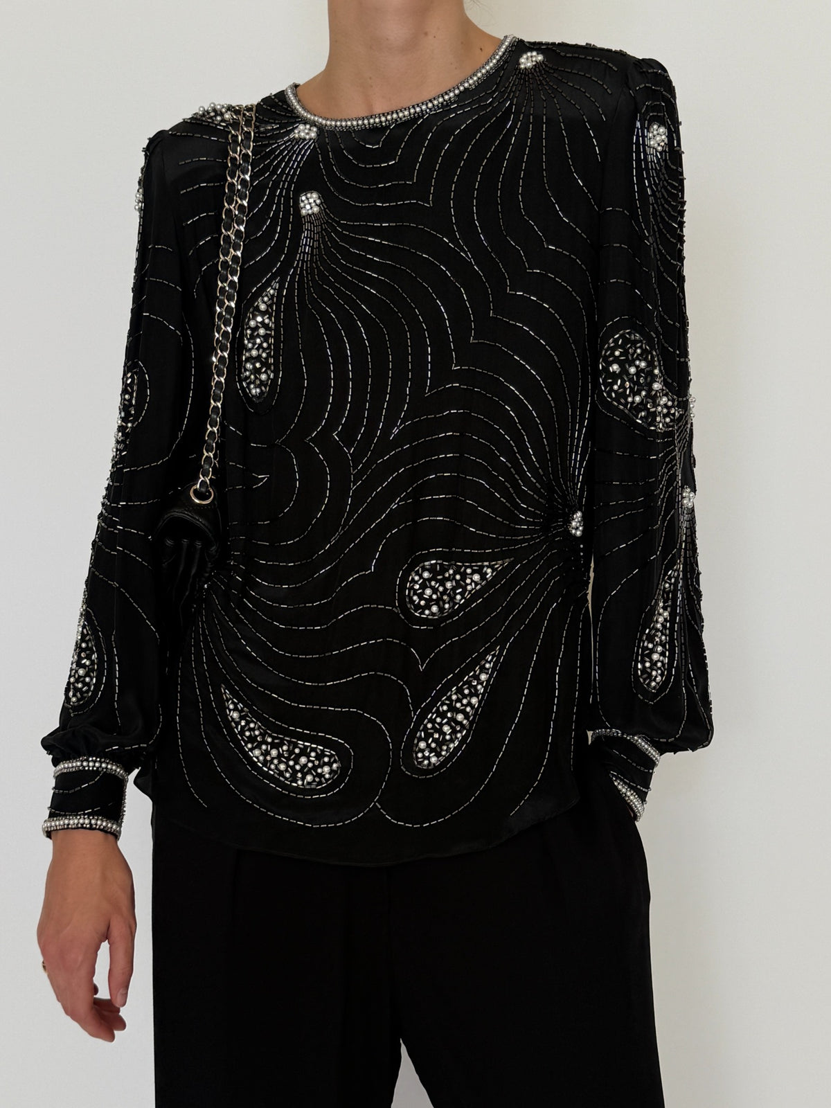 Front view of vintage Argenti black silk beaded blouse