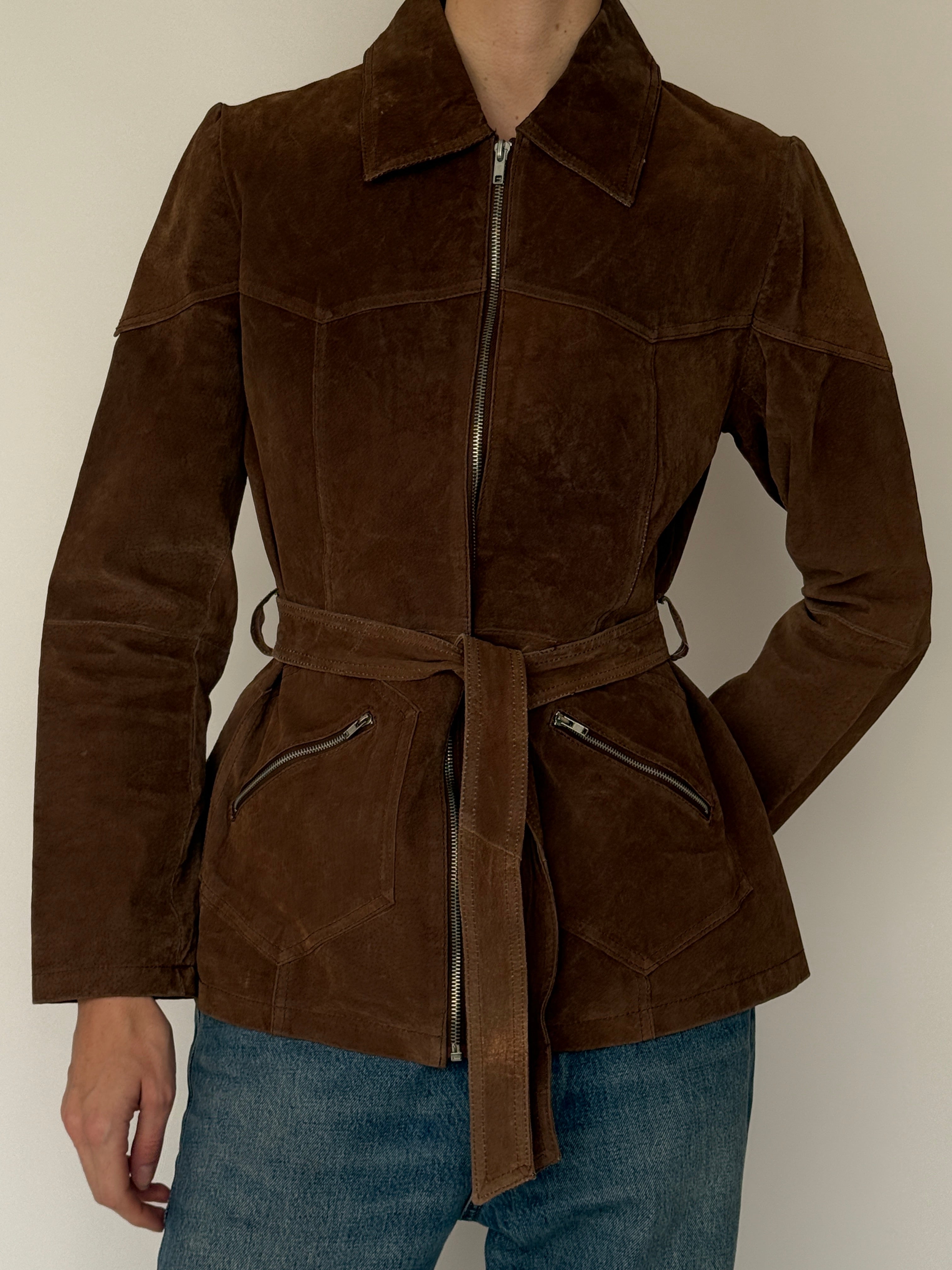 Vintage brown suede leather jacket featuring waist tie and front zipper