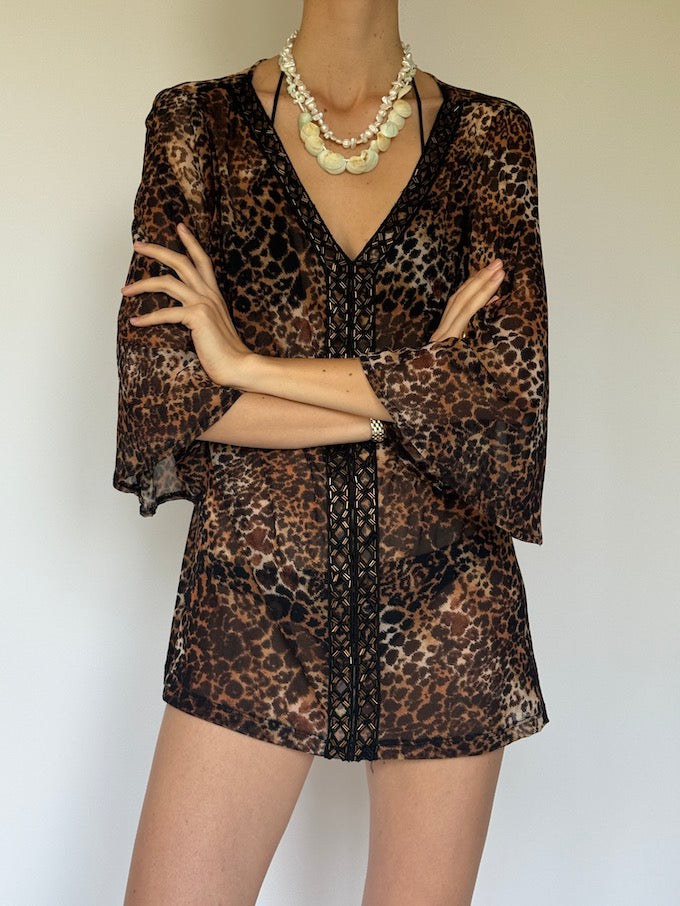 Vintage Sheer Leopard Print Tunic with Black Embroidery 6274