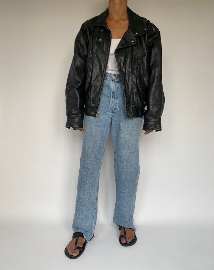 VINTAGE OVERSIZED BOXY BLACK LEATHER JACKET 2884