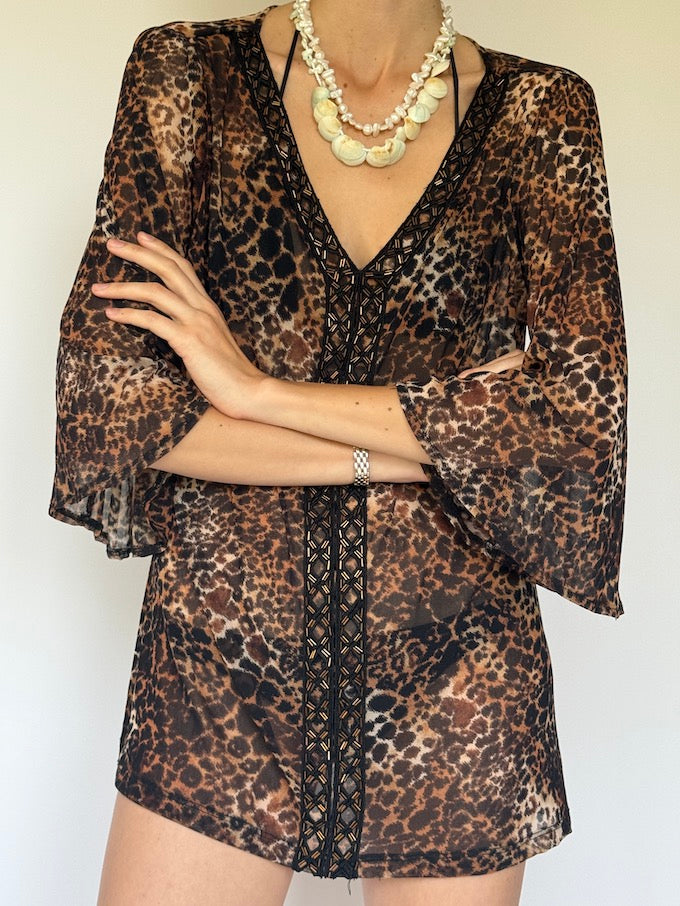 Vintage Sheer Leopard Print Tunic with Black Embroidery 6274