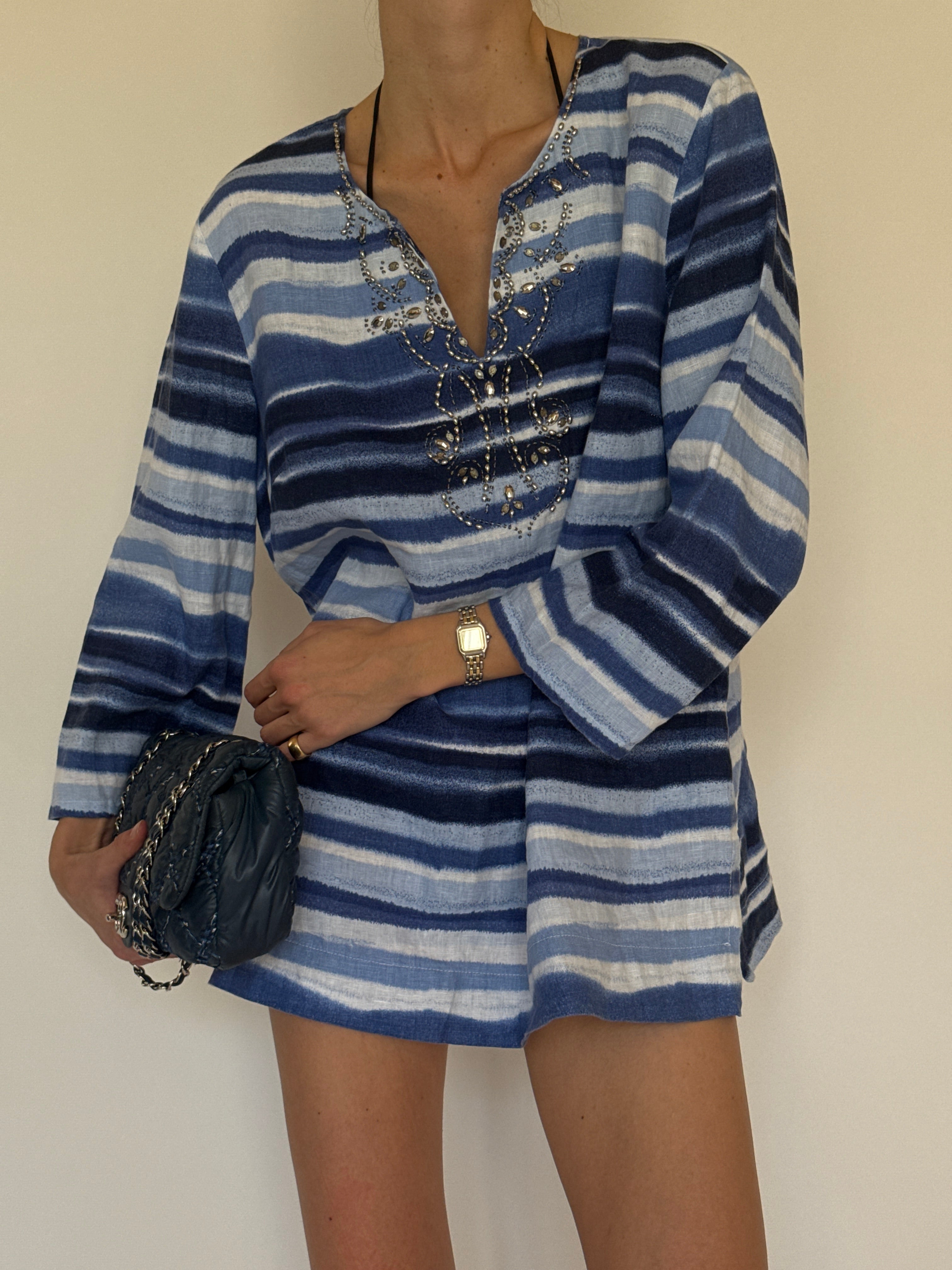 Vintage blue striped linen tunic embellished neckline detail