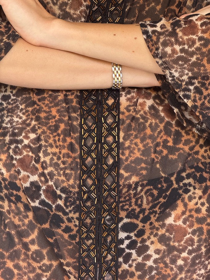 Vintage Sheer Leopard Print Tunic with Black Embroidery 6274