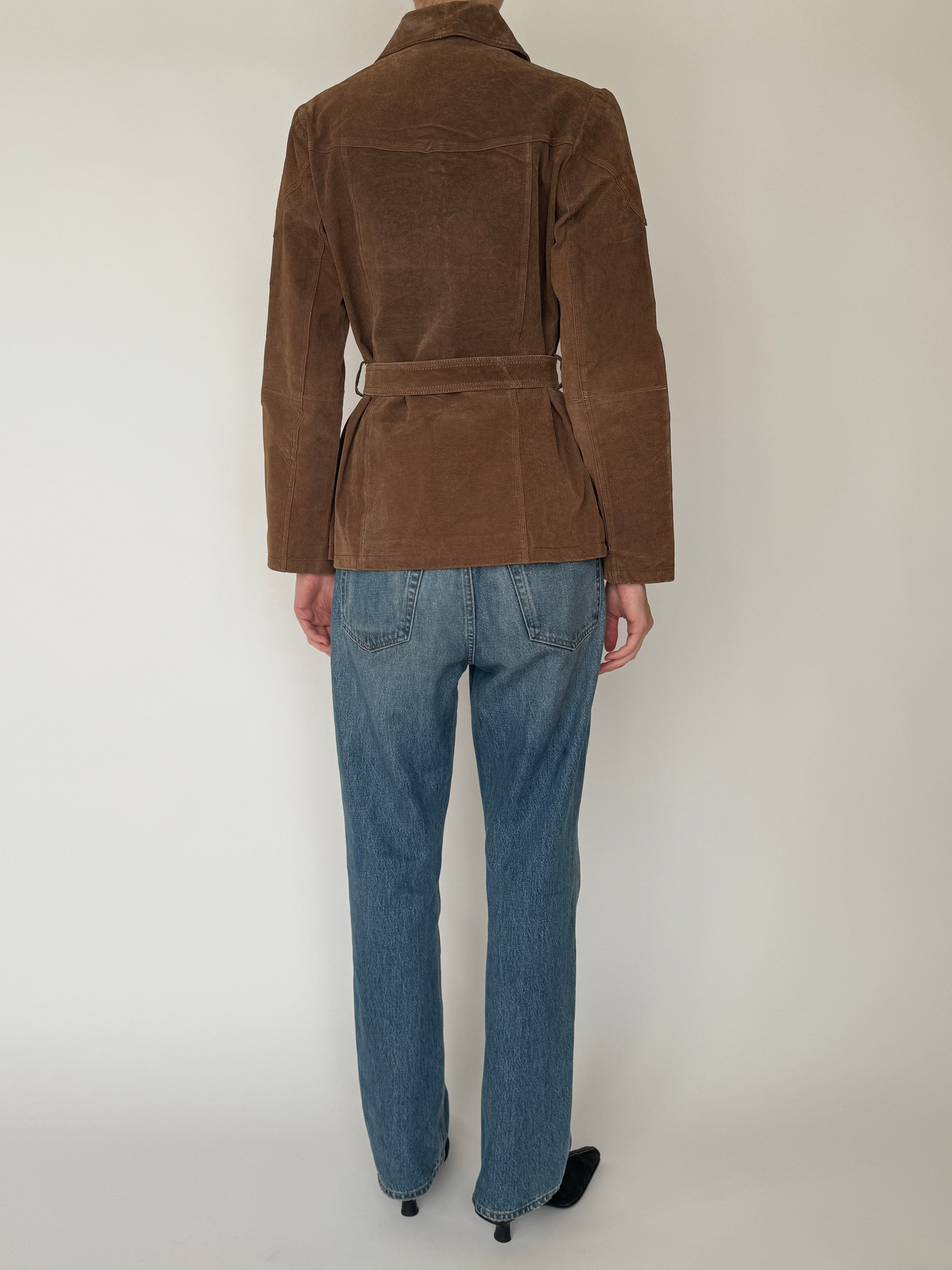 Vintage suede leather belted jacket with zip pockets in brown back view