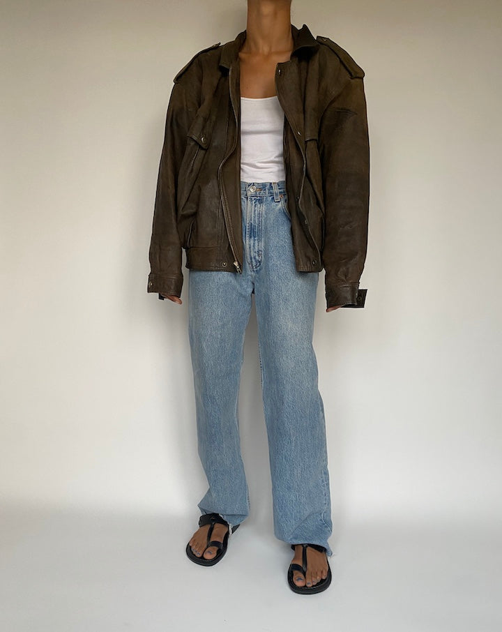 VINTAGE OVERSIZED BOXY BROWN LEATHER JACKET 2885