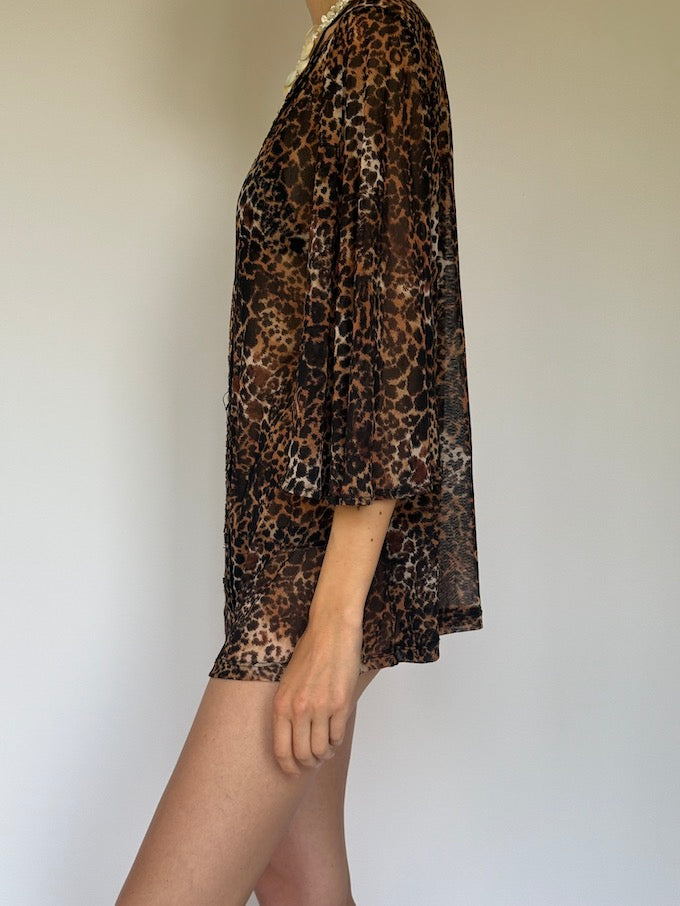 Vintage Sheer Leopard Print Tunic with Black Embroidery 6274