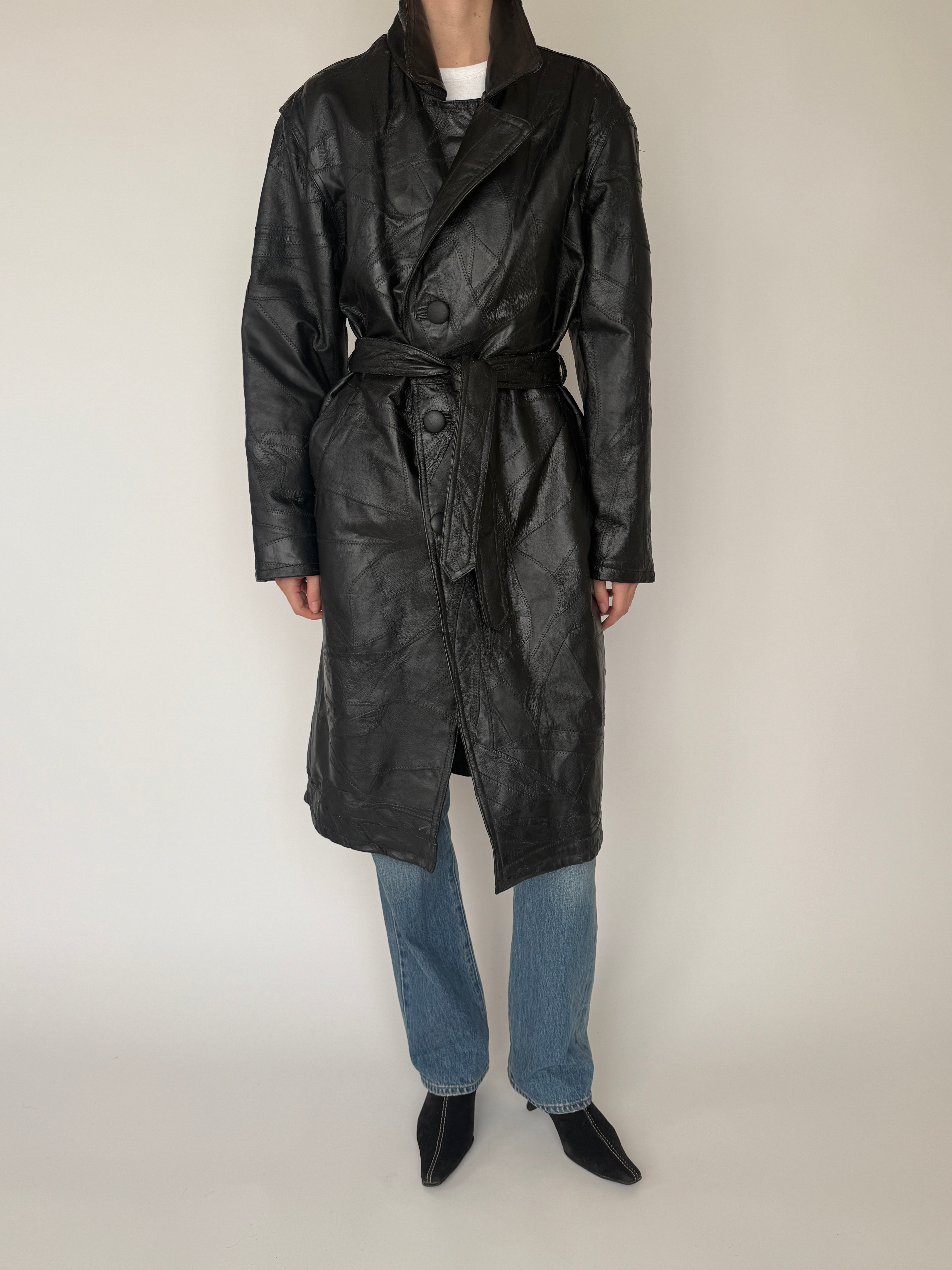 Vintage black leather trench coat front view