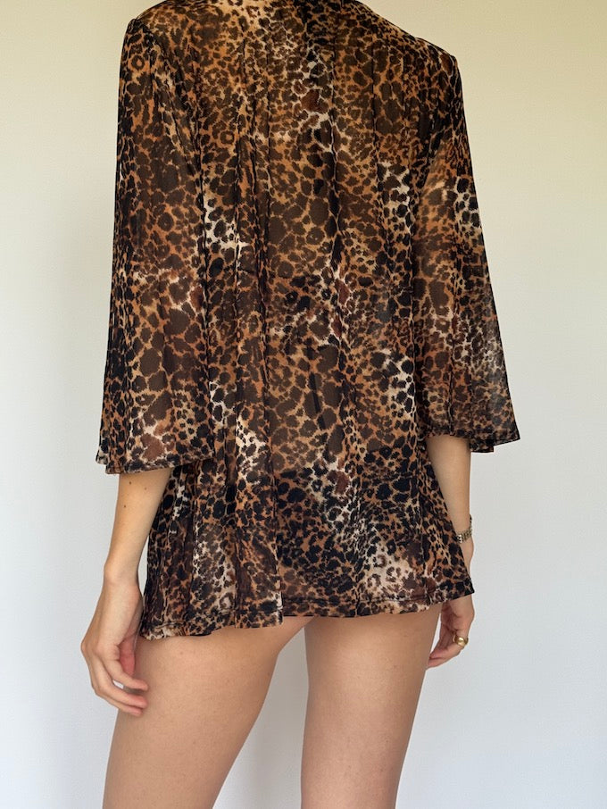 Vintage Sheer Leopard Print Tunic with Black Embroidery 6274